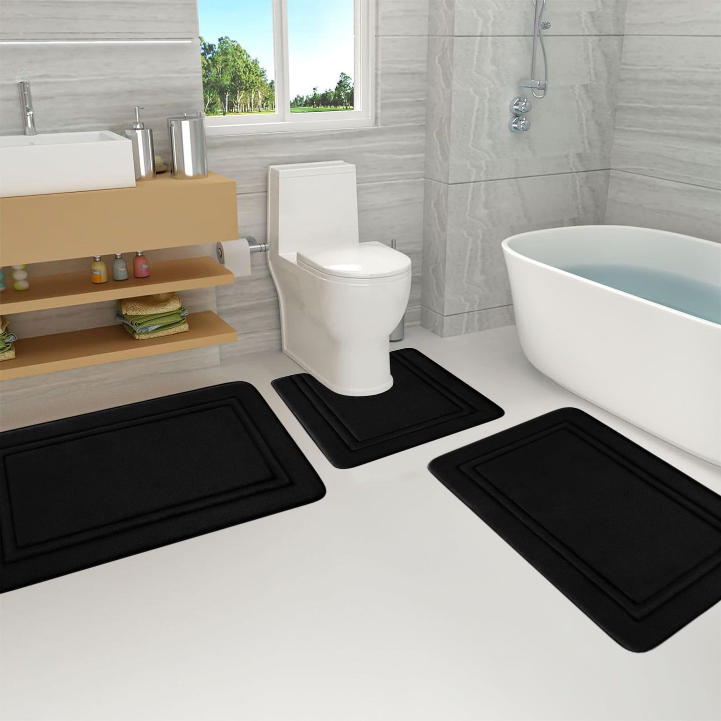 Tyidzon Bathroom Rugs Sets 3 Piece, Bath Mat Universal Soft Comfortable Water Absorption Non Slip Machine Washable Easy Dry Bathroom Mat, Gray Black