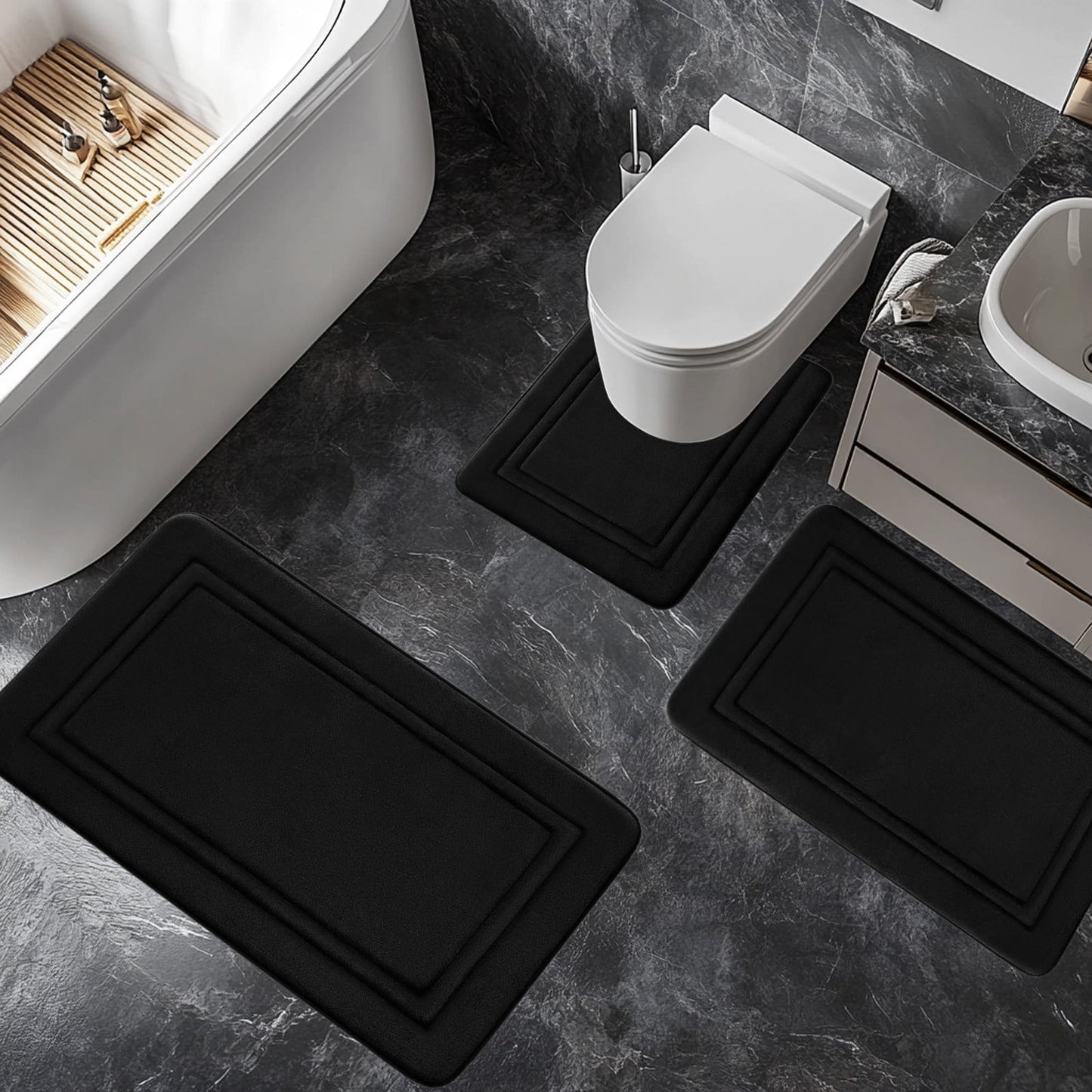 Tyidzon Bathroom Rugs Sets 3 Piece, Bath Mat Universal Soft Comfortable Water Absorption Non Slip Machine Washable Easy Dry Bathroom Mat, Gray Black