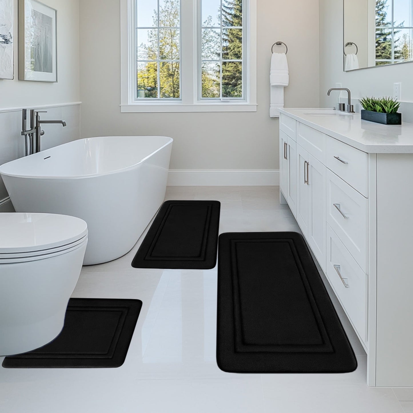 Tyidzon Bathroom Rugs Sets 3 Piece, Bath Mat Universal Soft Comfortable Water Absorption Non Slip Machine Washable Easy Dry Bathroom Mat, Gray Black