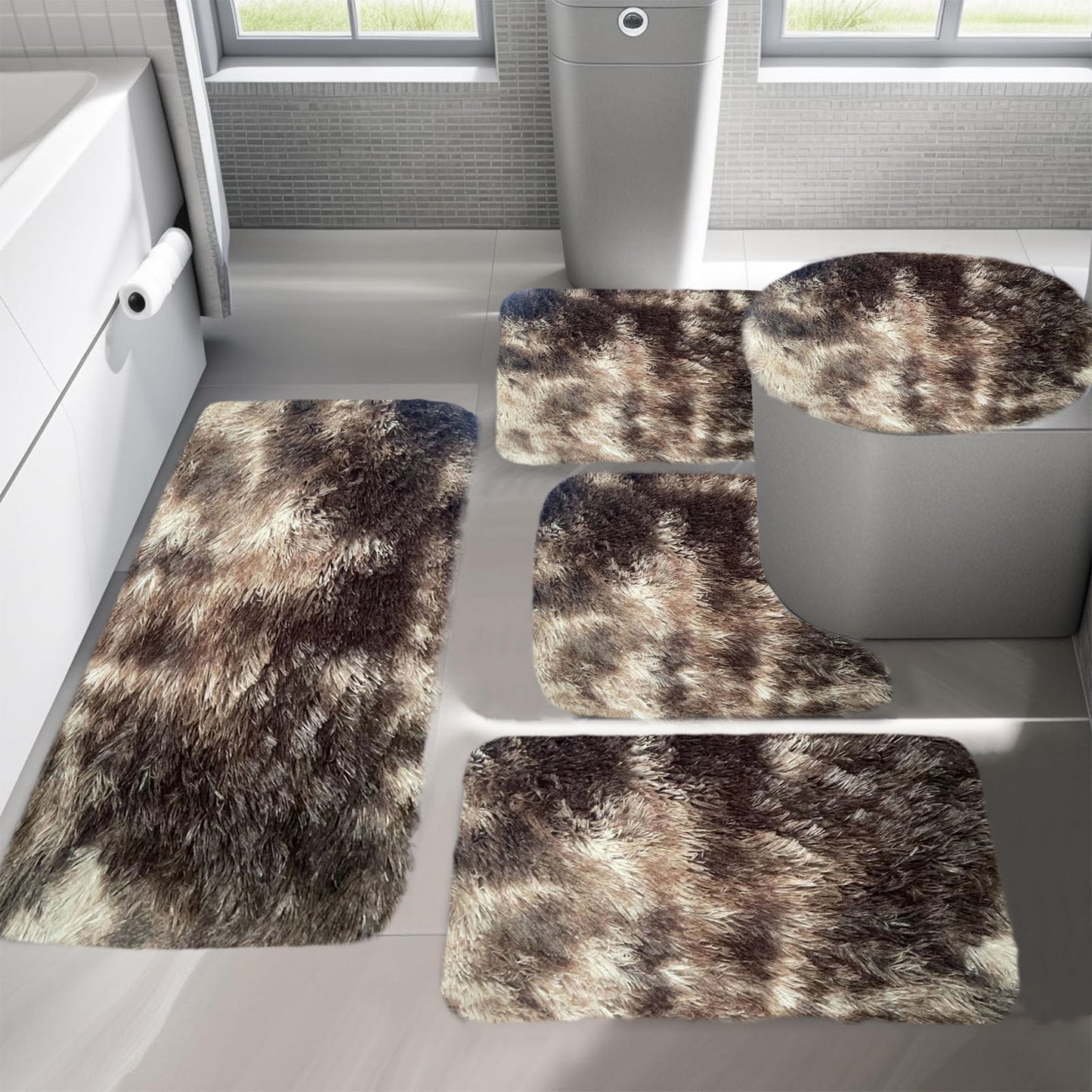 PALIFEUR Tie-Dye Bathroom Rugs Sets, Non-Slip Bath Mat Set 5 Piece, Soft Comfortable Washable Bathroom Mat Set, Quicker Dry Bathroom Rug with Toilet Rug Brown