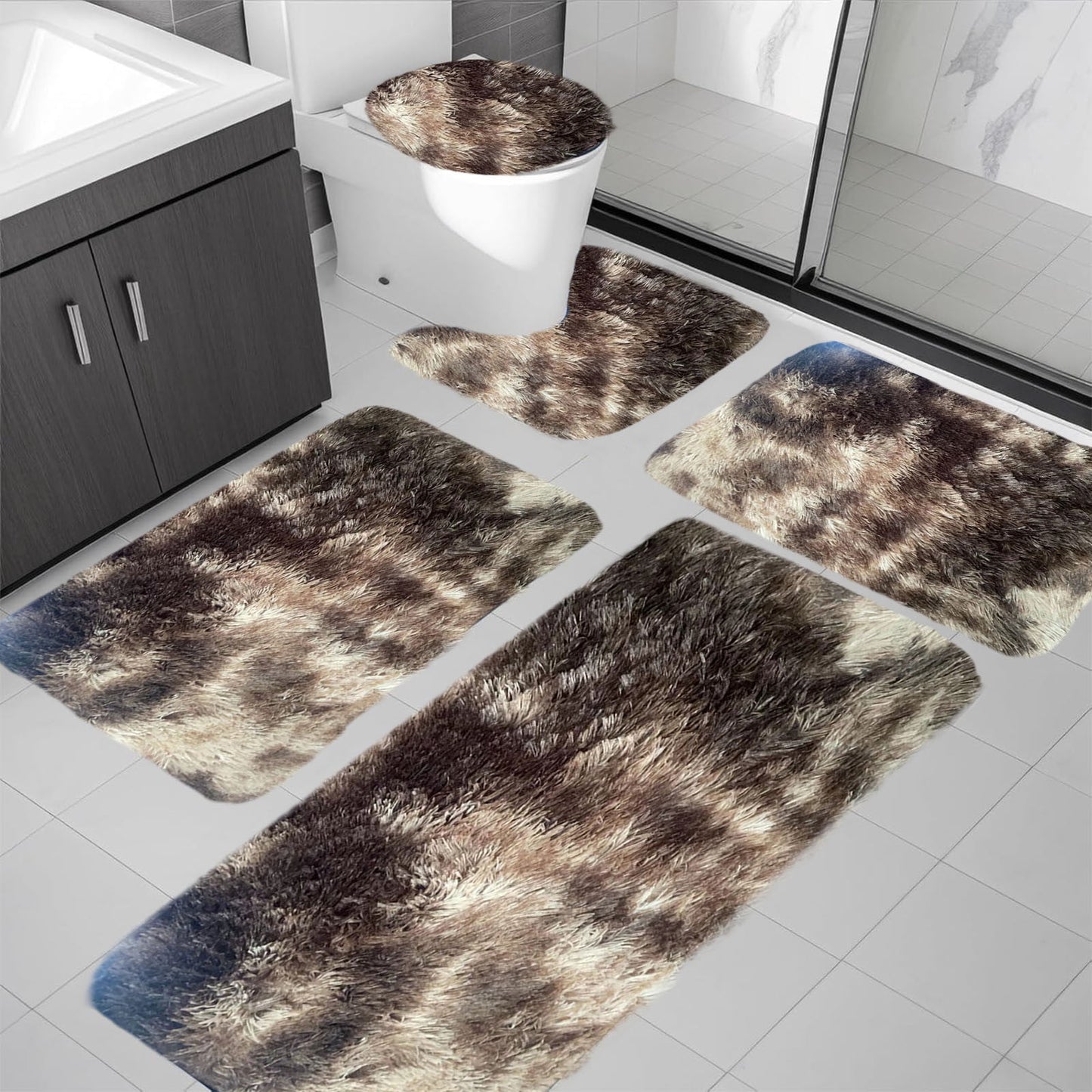 PALIFEUR Tie-Dye Bathroom Rugs Sets, Non-Slip Bath Mat Set 5 Piece, Soft Comfortable Washable Bathroom Mat Set, Quicker Dry Bathroom Rug with Toilet Rug Brown