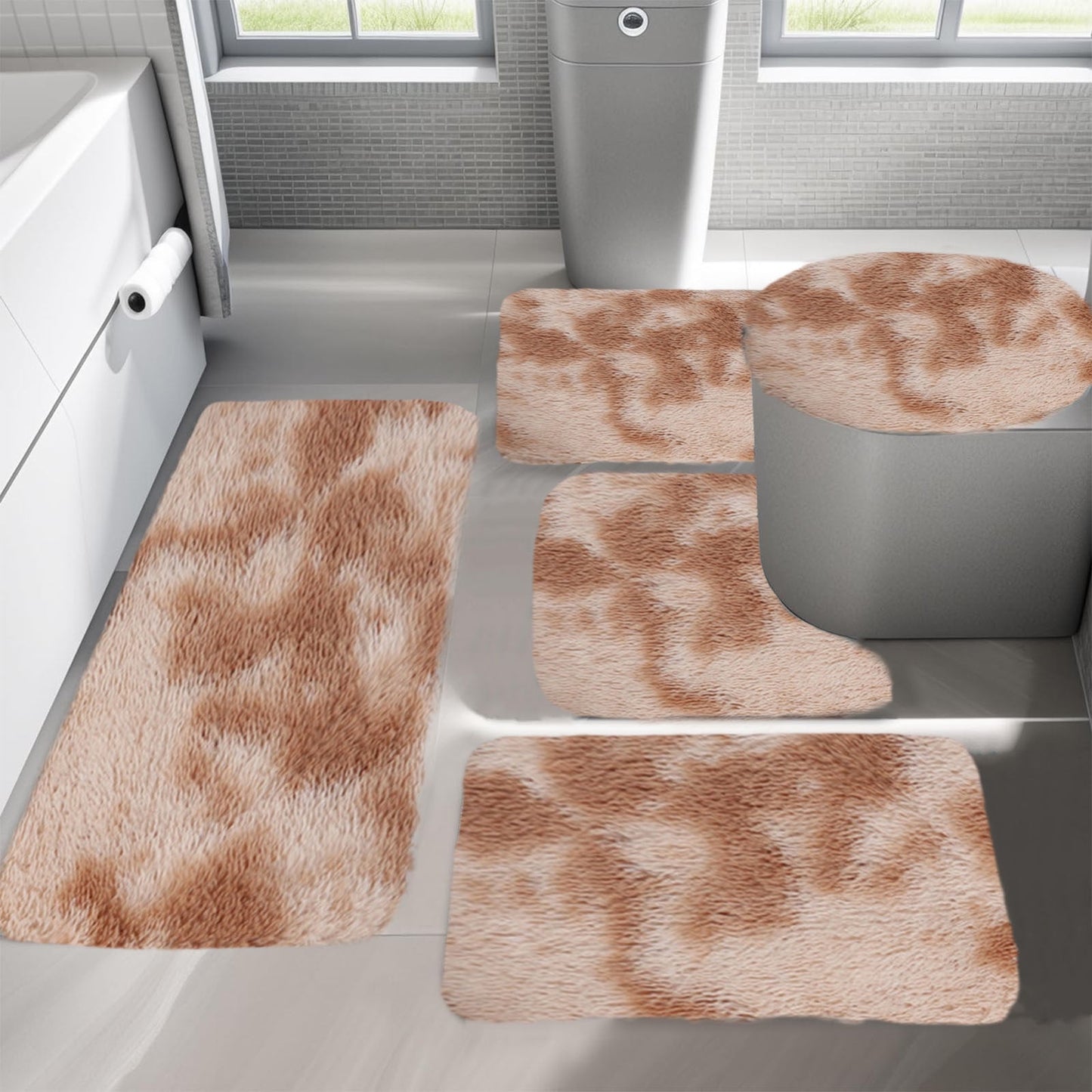 PALIFEUR Tie-Dye Bathroom Rugs Sets, Non-Slip Bath Mat Set 5 Piece, Soft Comfortable Washable Bathroom Mat Set, Quicker Dry Bathroom Rug with Toilet Rug Khaki