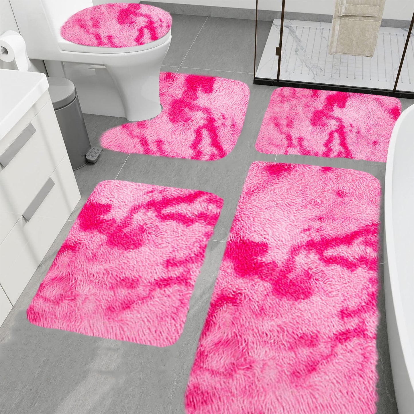 PALIFEUR Tie-Dye Bathroom Rugs Sets, Non-Slip Bath Mat Set 5 Piece, Soft Comfortable Washable Bathroom Mat Set, Quicker Dry Bathroom Rug with Toilet Rug Pink