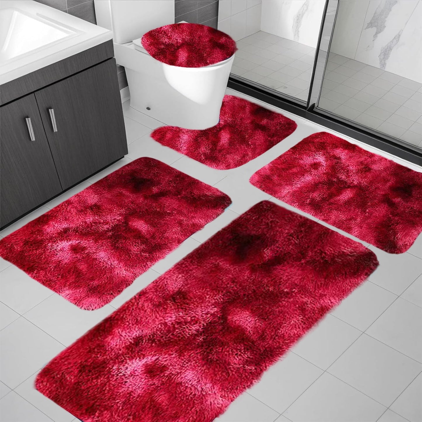 PALIFEUR Tie-Dye Bathroom Rugs Sets, Non-Slip Bath Mat Set 5 Piece, Soft Comfortable Washable Bathroom Mat Set, Quicker Dry Bathroom Rug with Toilet Rug Red