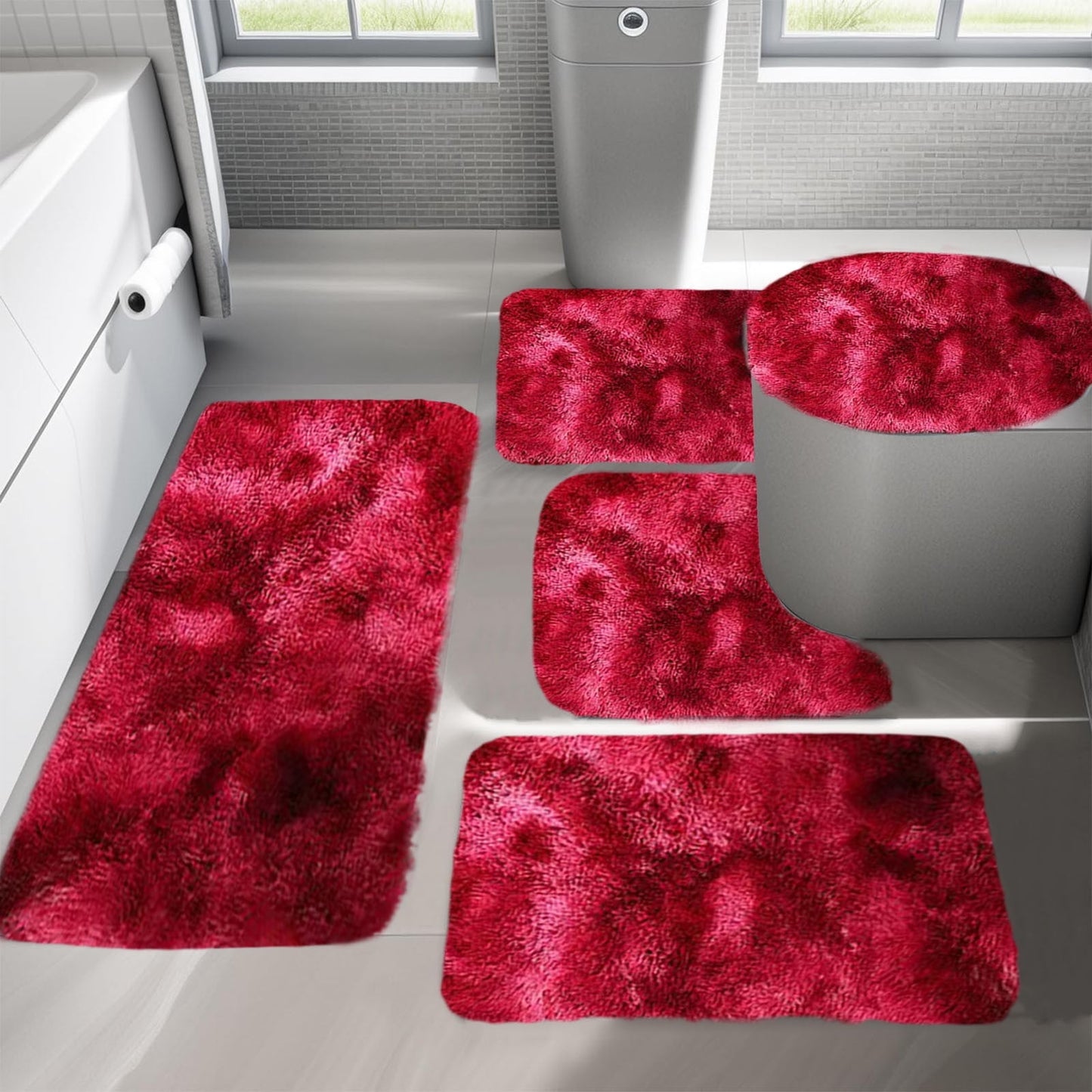 PALIFEUR Tie-Dye Bathroom Rugs Sets, Non-Slip Bath Mat Set 5 Piece, Soft Comfortable Washable Bathroom Mat Set, Quicker Dry Bathroom Rug with Toilet Rug Red