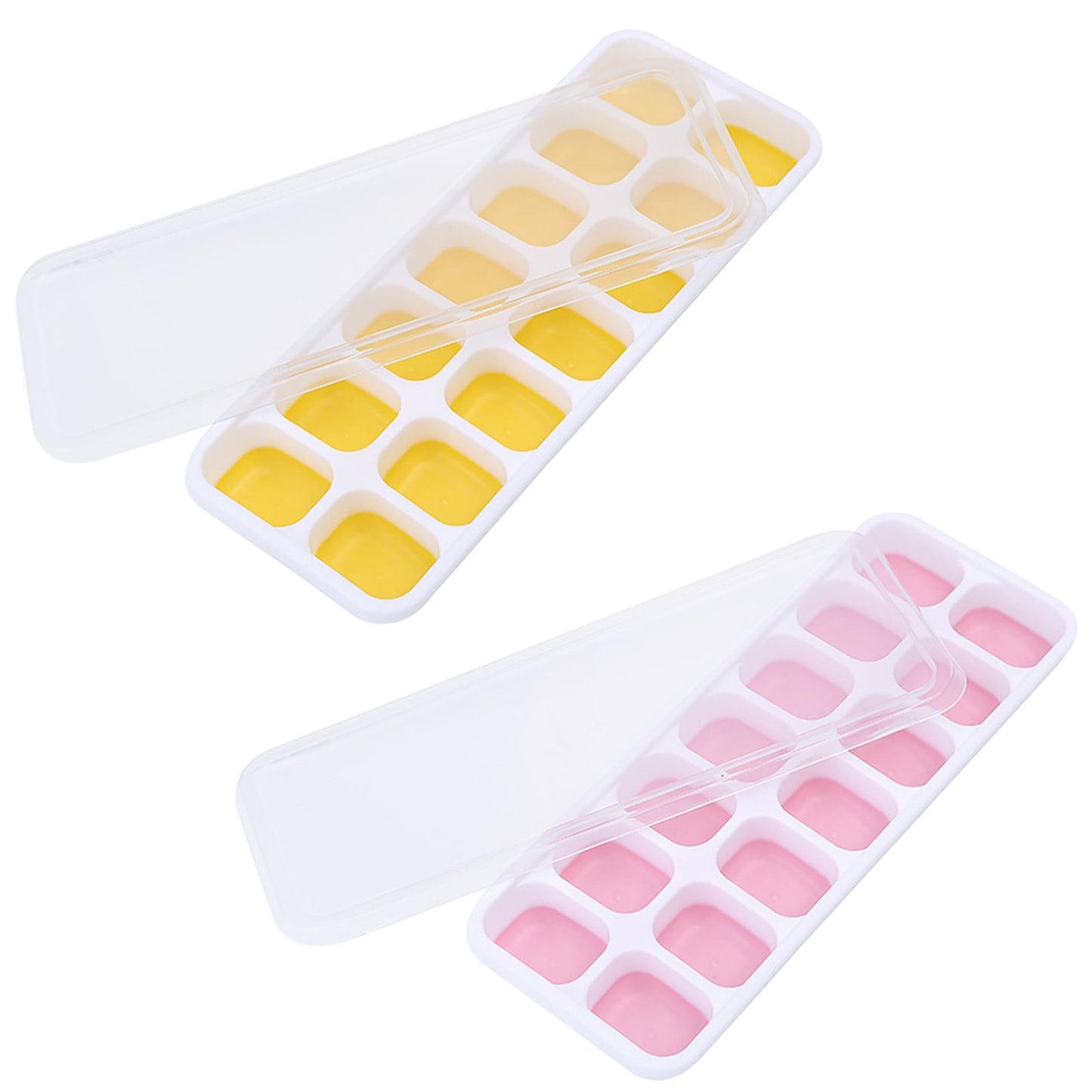PALIFEUR Silicone Ice Cube Tray 2 Pack Easy-Release & Flexible 14-Ice Cube Trays with Avoid Spill Removable Lid, Stackable Ice Trays with Ice Covers for Freezer Pink