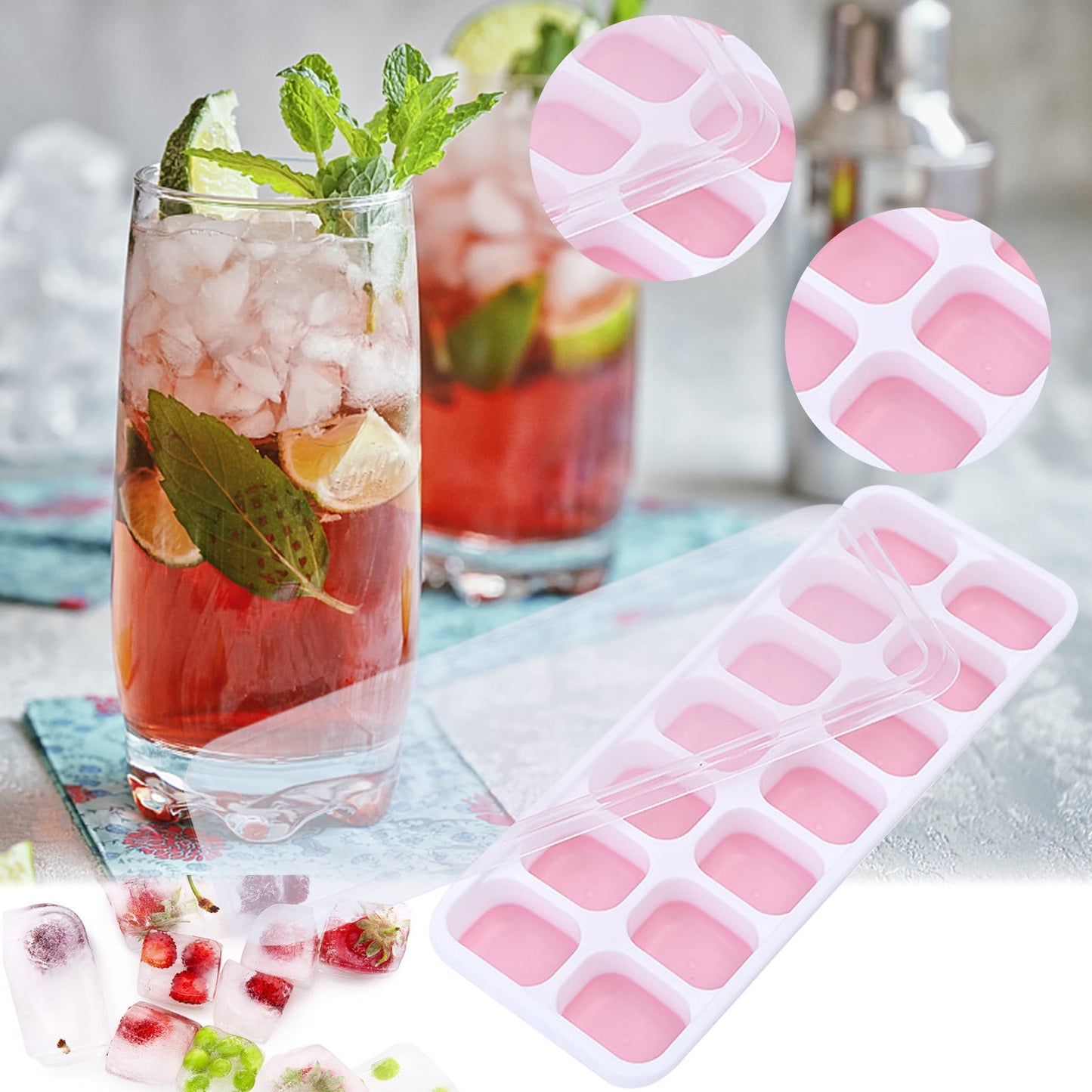 PALIFEUR Silicone Ice Cube Tray 2 Pack Easy-Release & Flexible 14-Ice Cube Trays with Avoid Spill Removable Lid, Stackable Ice Trays with Ice Covers for Freezer Pink