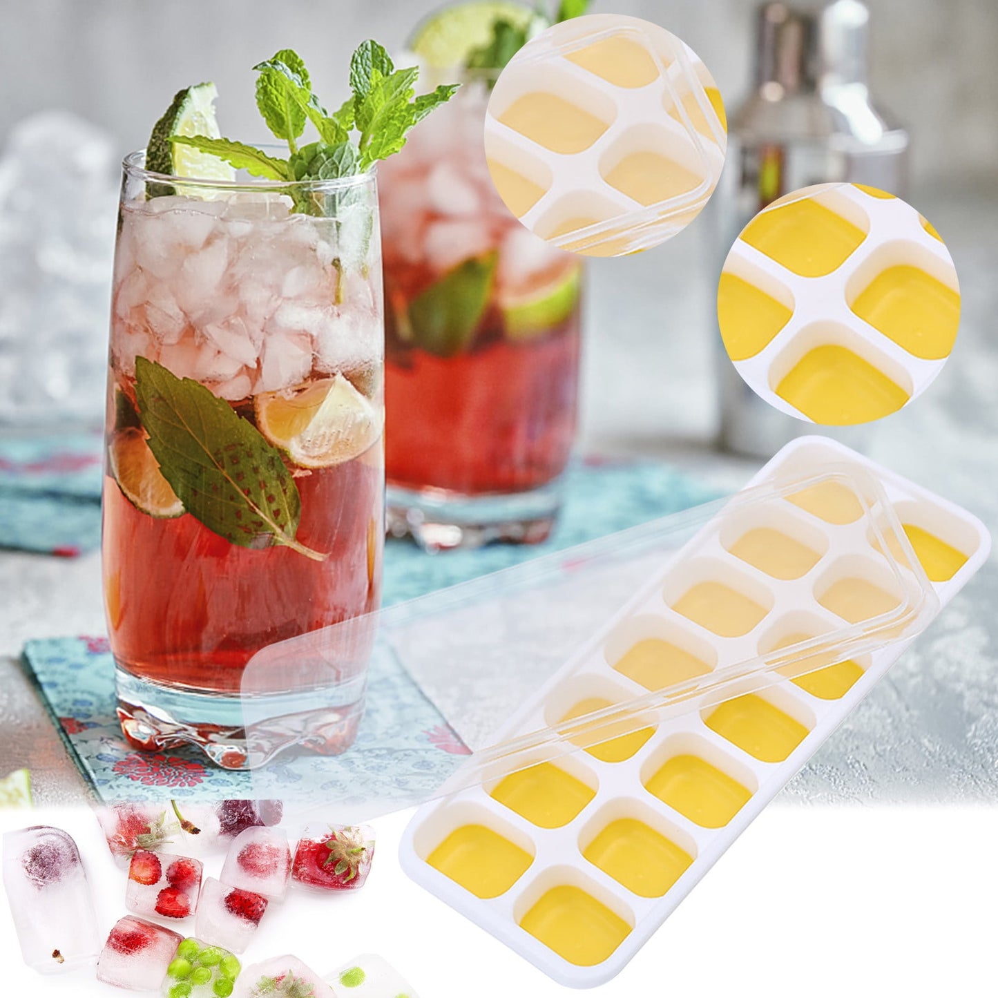 PALIFEUR Silicone Ice Cube Tray 2 Pack Easy-Release & Flexible 14-Ice Cube Trays with Avoid Spill Removable Lid, Stackable Ice Trays with Ice Covers for Freezer Yellow