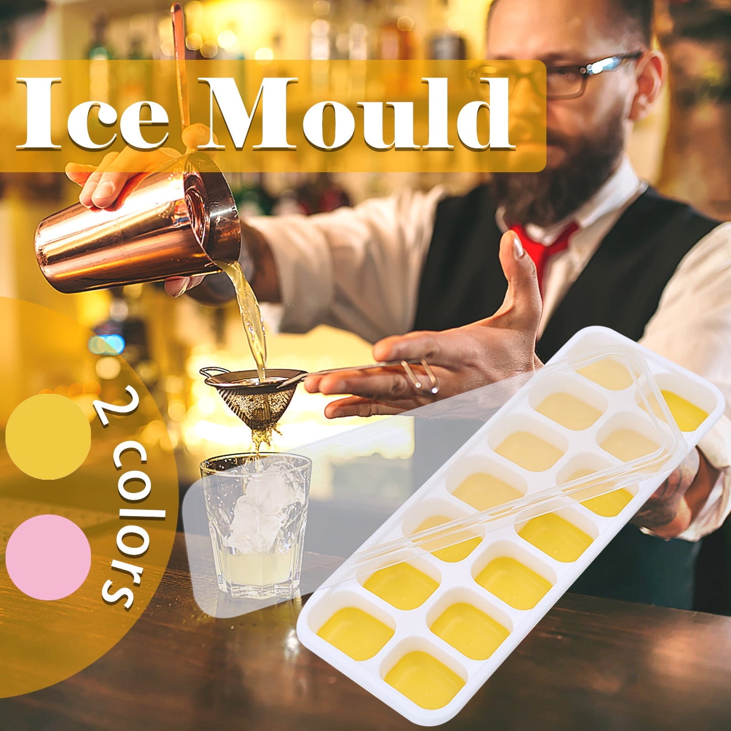 PALIFEUR Silicone Ice Cube Tray 2 Pack Easy-Release & Flexible 14-Ice Cube Trays with Avoid Spill Removable Lid, Stackable Ice Trays with Ice Covers for Freezer Yellow