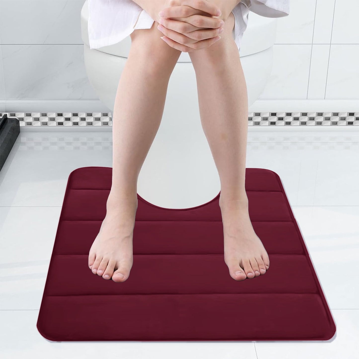 PALIFEUR Memory Foam Toilet Rug, Non-Slip Bathroom Rugs, Toilet Rugs U Shaped Washable, Commode Contour Rug, Soft Comfortable Super Water Absorption #1_Red
