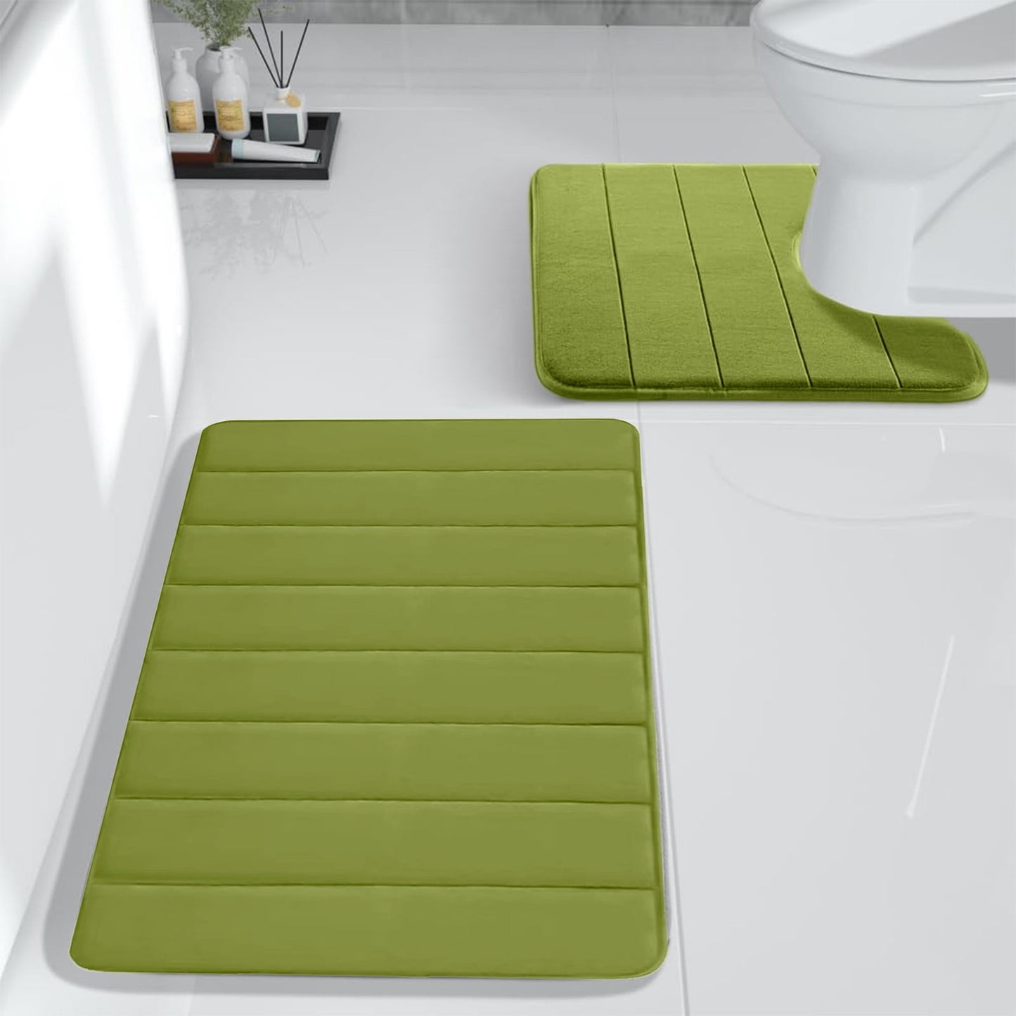 PALIFEUR Memory Foam Toilet Rug, Non-Slip Bathroom Rugs, Toilet Rugs U Shaped Washable, Commode Contour Rug, Soft Comfortable Super Water Absorption #2_Green