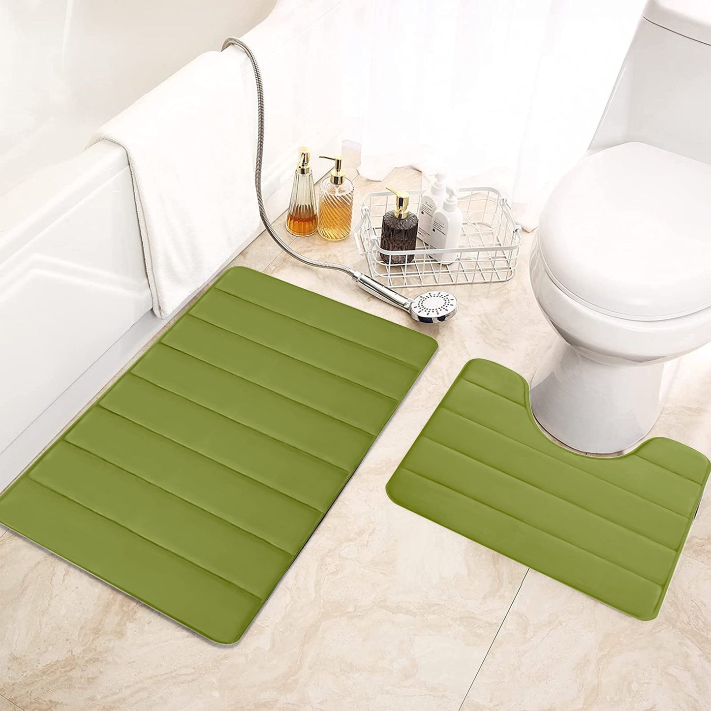 PALIFEUR Memory Foam Toilet Rug, Non-Slip Bathroom Rugs, Toilet Rugs U Shaped Washable, Commode Contour Rug, Soft Comfortable Super Water Absorption #2_Green