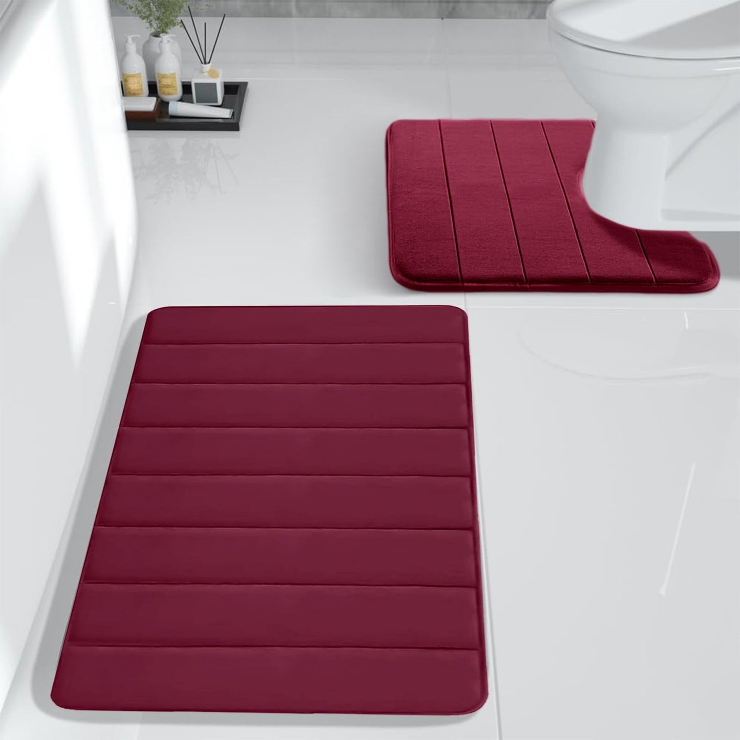 PALIFEUR Memory Foam Toilet Rug, Non-Slip Bathroom Rugs, Toilet Rugs U Shaped Washable, Commode Contour Rug, Soft Comfortable Super Water Absorption #2_Red