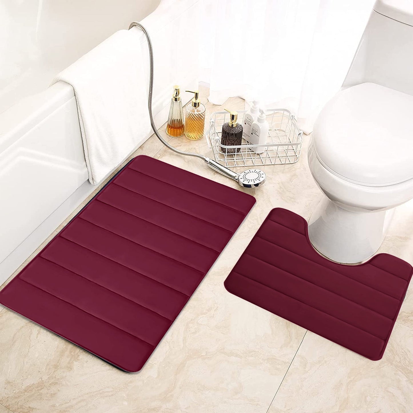PALIFEUR Memory Foam Toilet Rug, Non-Slip Bathroom Rugs, Toilet Rugs U Shaped Washable, Commode Contour Rug, Soft Comfortable Super Water Absorption #2_Red