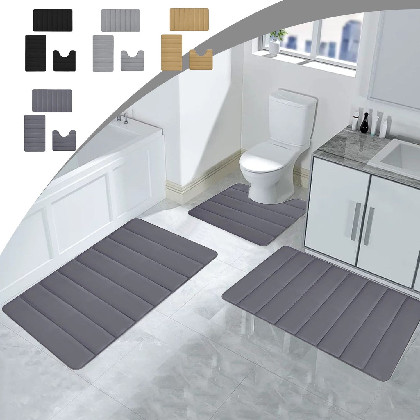 PALIFEUR Memory Foam Toilet Rug, Non-Slip Bathroom Rugs, Toilet Rugs U Shaped Washable, Commode Contour Rug, Soft Comfortable Super Water Absorption #3_Gray