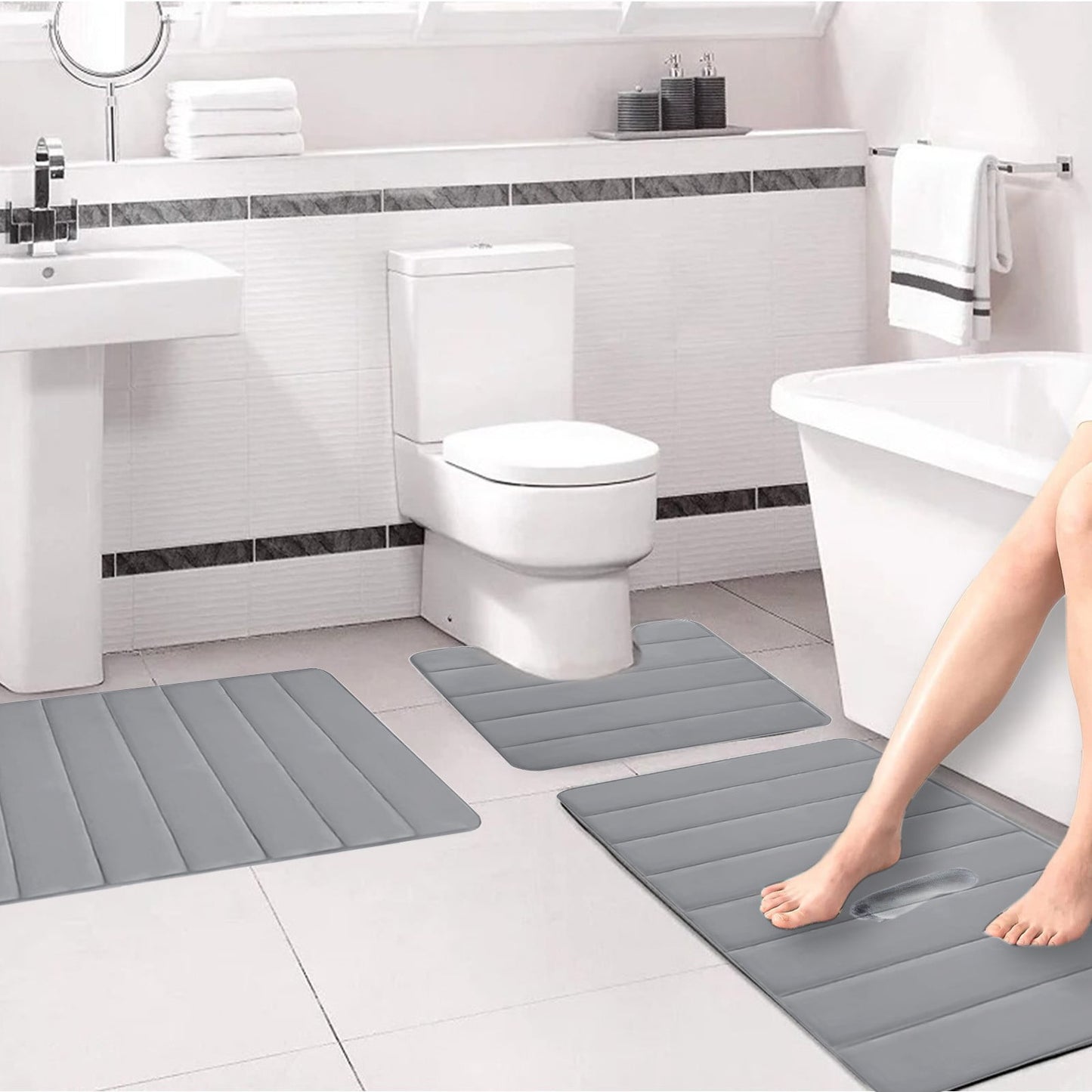 PALIFEUR Memory Foam Toilet Rug, Non-Slip Bathroom Rugs, Toilet Rugs U Shaped Washable, Commode Contour Rug, Soft Comfortable Super Water Absorption #3_Gray