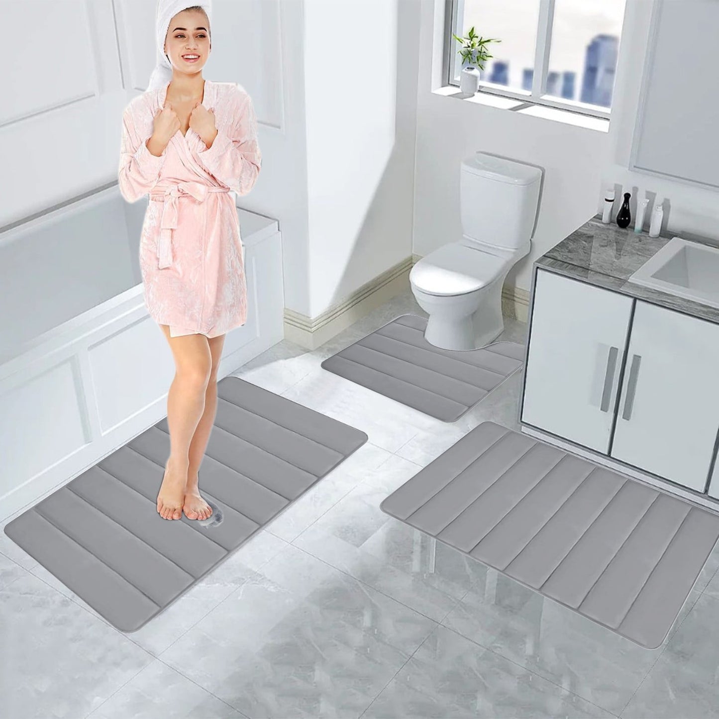 PALIFEUR Memory Foam Toilet Rug, Non-Slip Bathroom Rugs, Toilet Rugs U Shaped Washable, Commode Contour Rug, Soft Comfortable Super Water Absorption #3_Gray