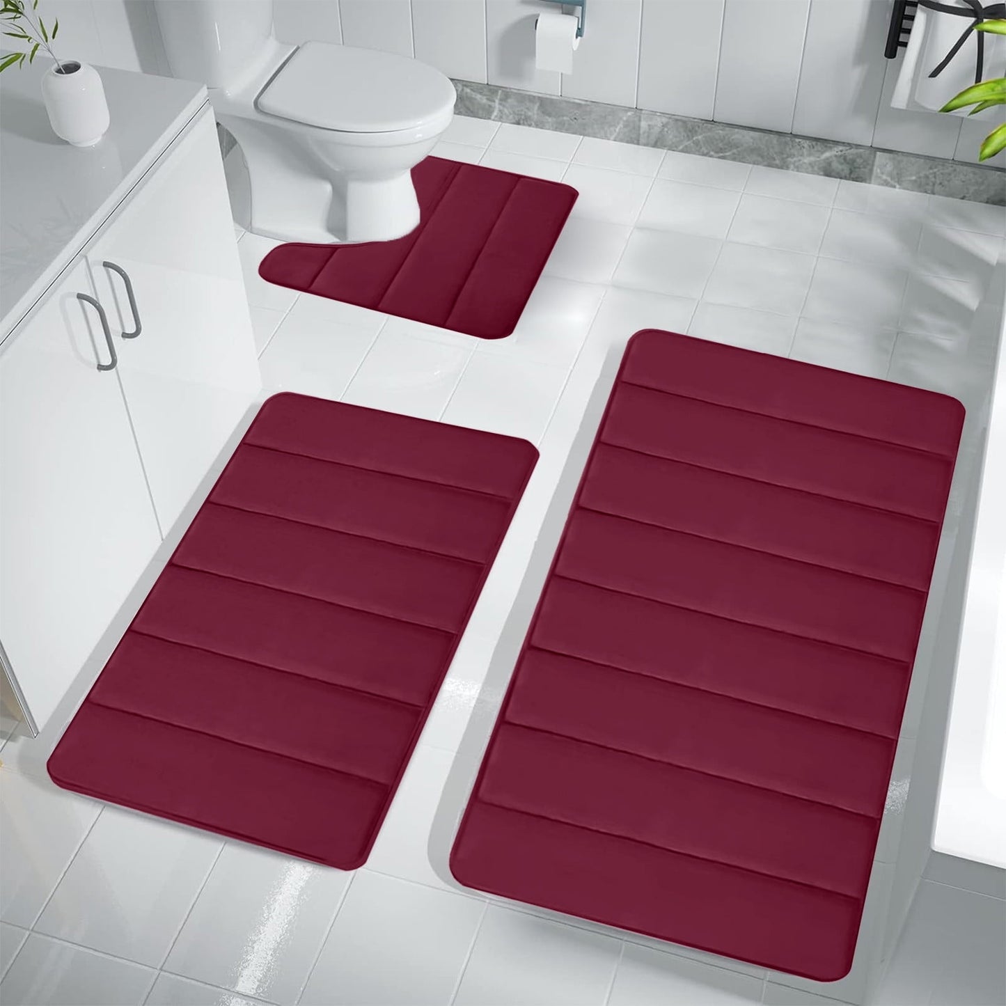PALIFEUR Memory Foam Toilet Rug, Non-Slip Bathroom Rugs, Toilet Rugs U Shaped Washable, Commode Contour Rug, Soft Comfortable Super Water Absorption #3_Red