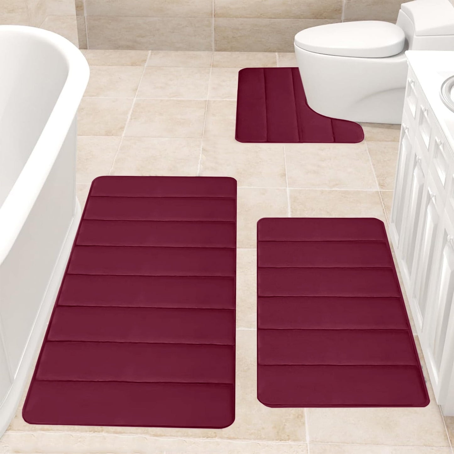 PALIFEUR Memory Foam Toilet Rug, Non-Slip Bathroom Rugs, Toilet Rugs U Shaped Washable, Commode Contour Rug, Soft Comfortable Super Water Absorption #3_Red