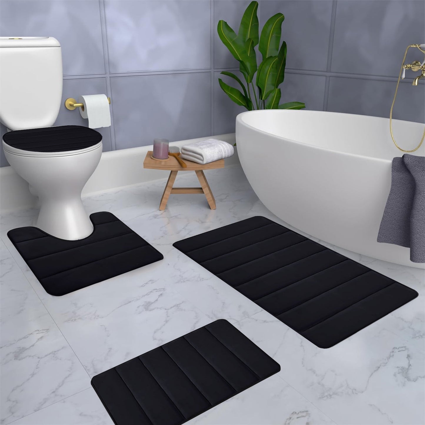 PALIFEUR Memory Foam Toilet Rug, Non-Slip Bathroom Rugs, Toilet Rugs U Shaped Washable, Commode Contour Rug, Soft Comfortable Super Water Absorption #4_Black