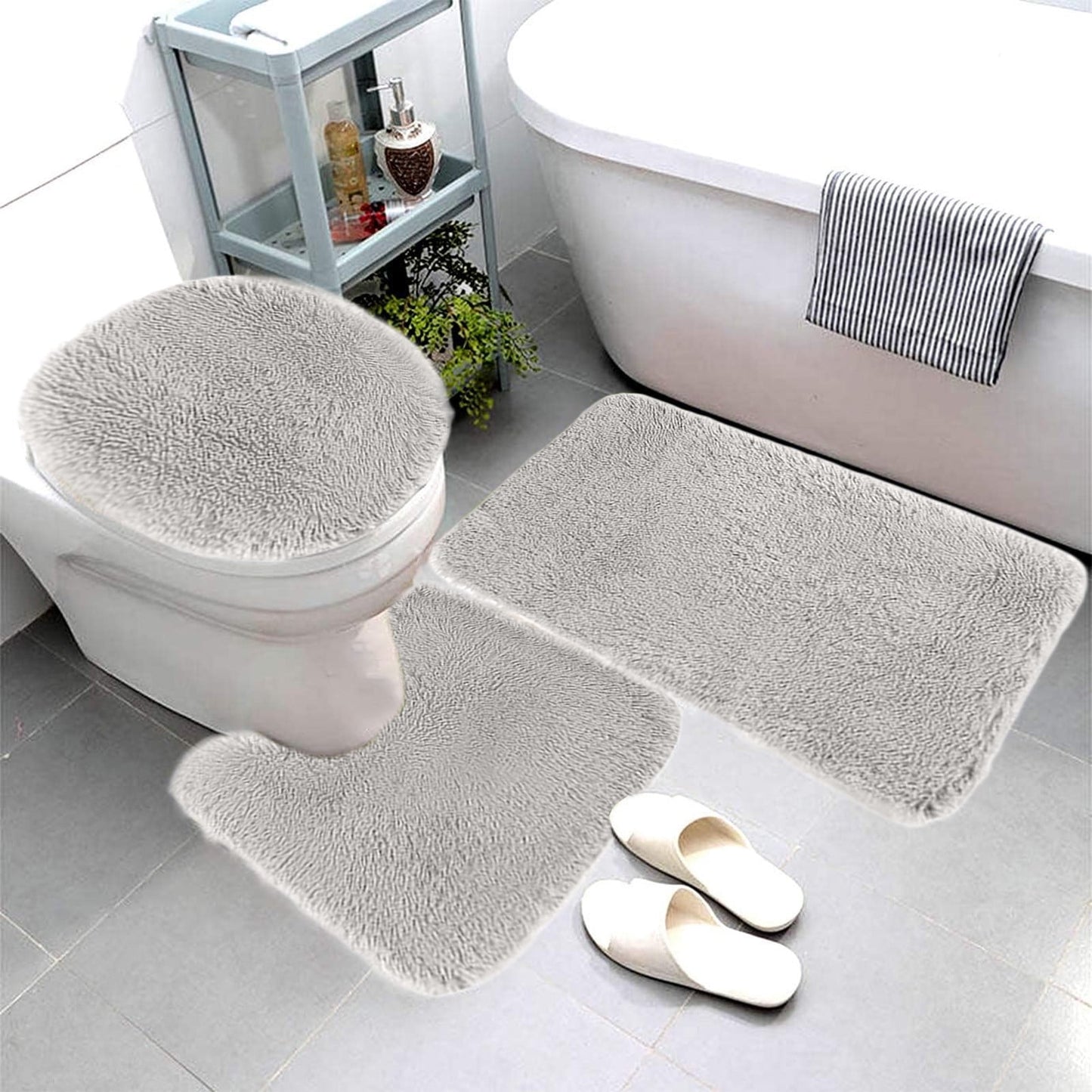PALIFEUR Bathroom Rugs Sets, Non-Slip Bath Mat Set 3 Piece, Soft Comfortable Washable Bathroom Mat Set, Quicker Dry Bathroom Rug with Toilet Rug Gray