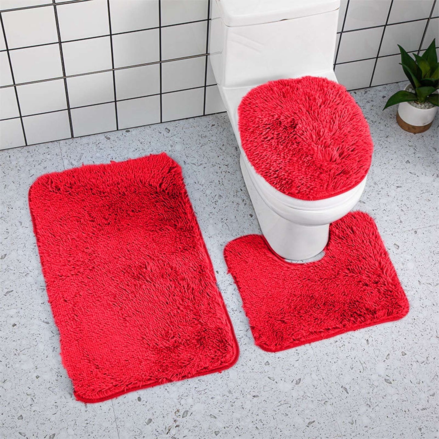 PALIFEUR Bathroom Rugs Sets, Non-Slip Bath Mat Set 3 Piece, Soft Comfortable Washable Bathroom Mat Set, Quicker Dry Bathroom Rug with Toilet Rug Red