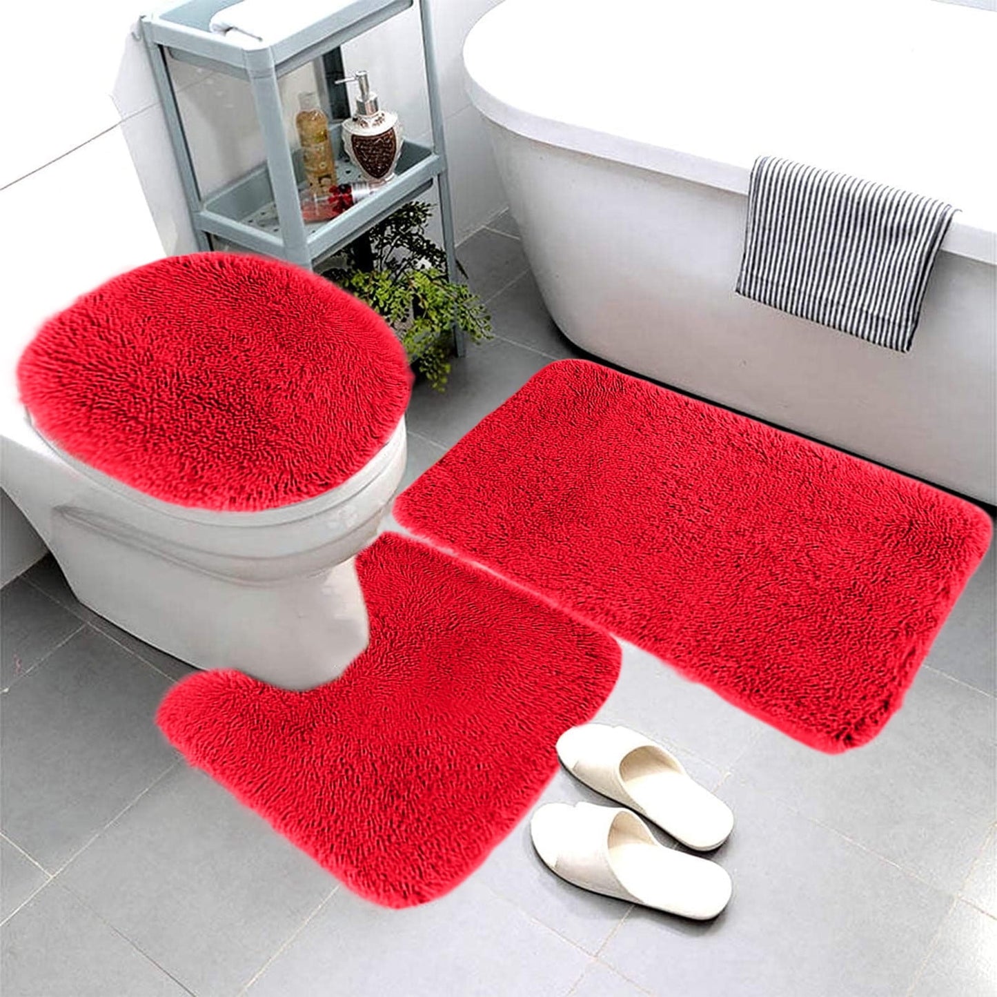PALIFEUR Bathroom Rugs Sets, Non-Slip Bath Mat Set 3 Piece, Soft Comfortable Washable Bathroom Mat Set, Quicker Dry Bathroom Rug with Toilet Rug Red