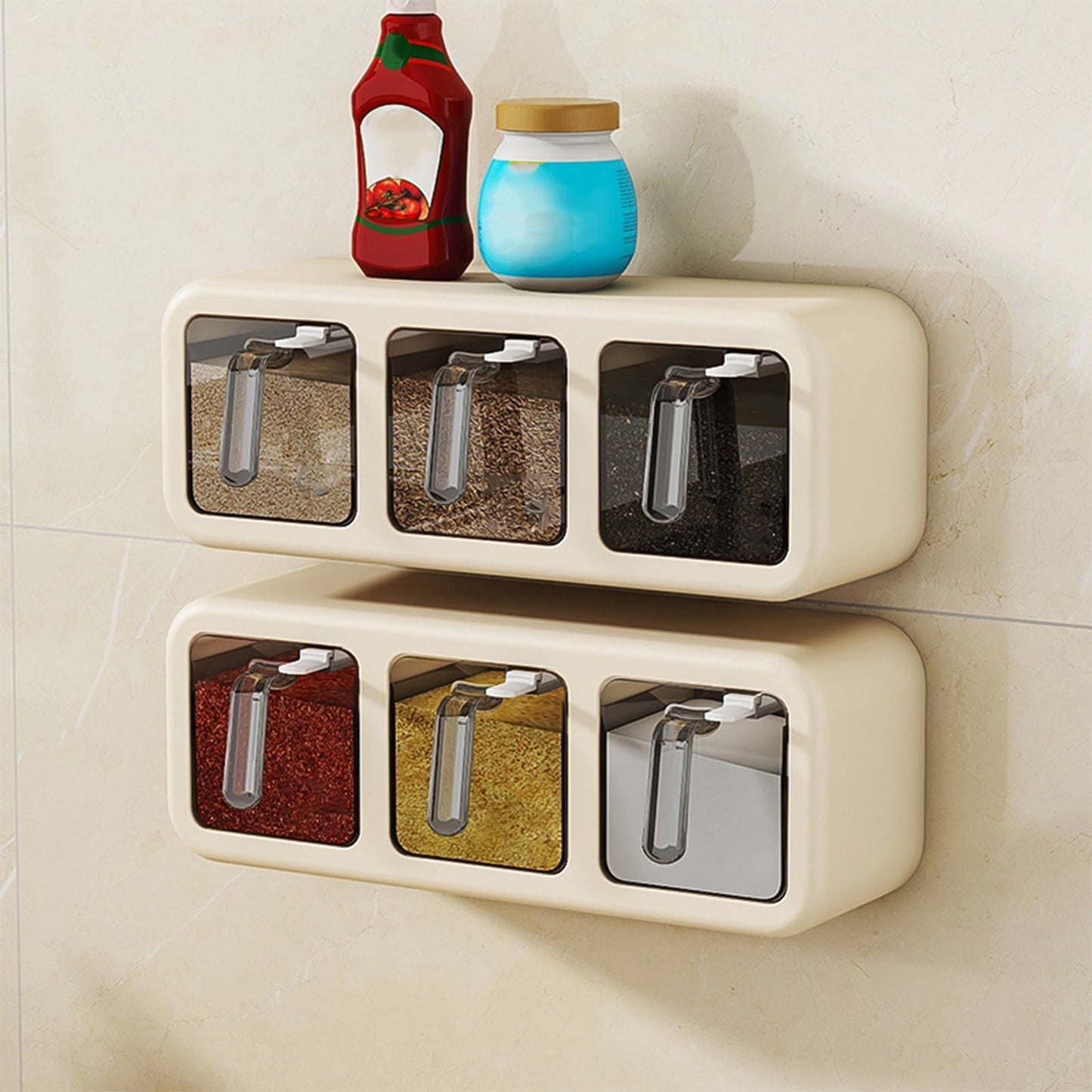 PALIFEUR Spice Jars Set, 3 Grids Spice Rack Seasoning Containers Set, Condiment Jars with Spice Drawer Organizer for Kitchen Khaki