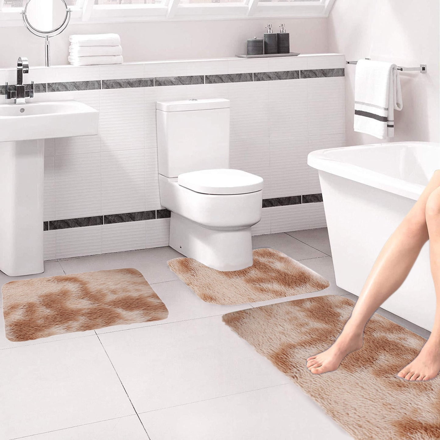 Tyidzon 5Pc Bath Mats for Bathroom, Quick-Dry Bathroom Rugs Sets Washable Non-Slip Bath Mat Ultra Soft Absorbent with U-Shaped Toilet for Bathroom, Tub, Shower, Gray 01-Khaki