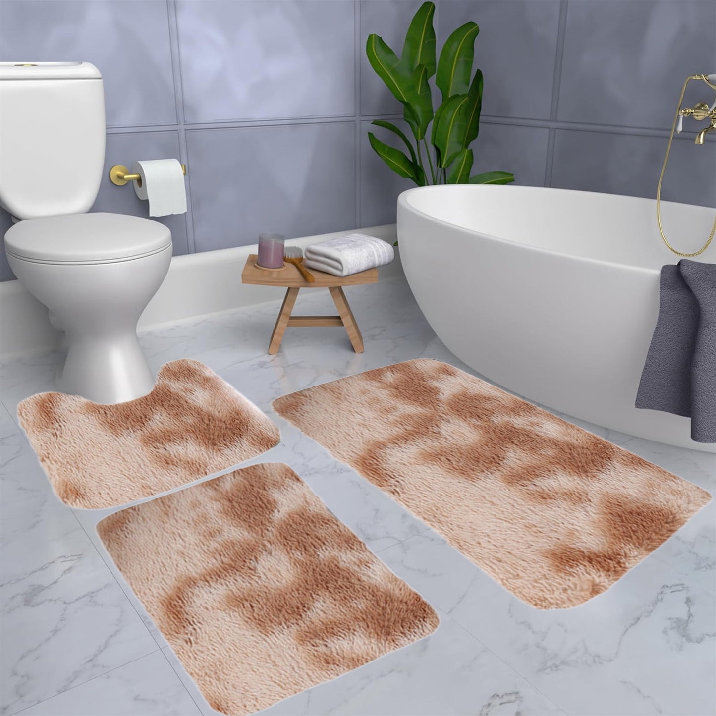 Tyidzon 5Pc Bath Mats for Bathroom, Quick-Dry Bathroom Rugs Sets Washable Non-Slip Bath Mat Ultra Soft Absorbent with U-Shaped Toilet for Bathroom, Tub, Shower, Gray 01-Khaki