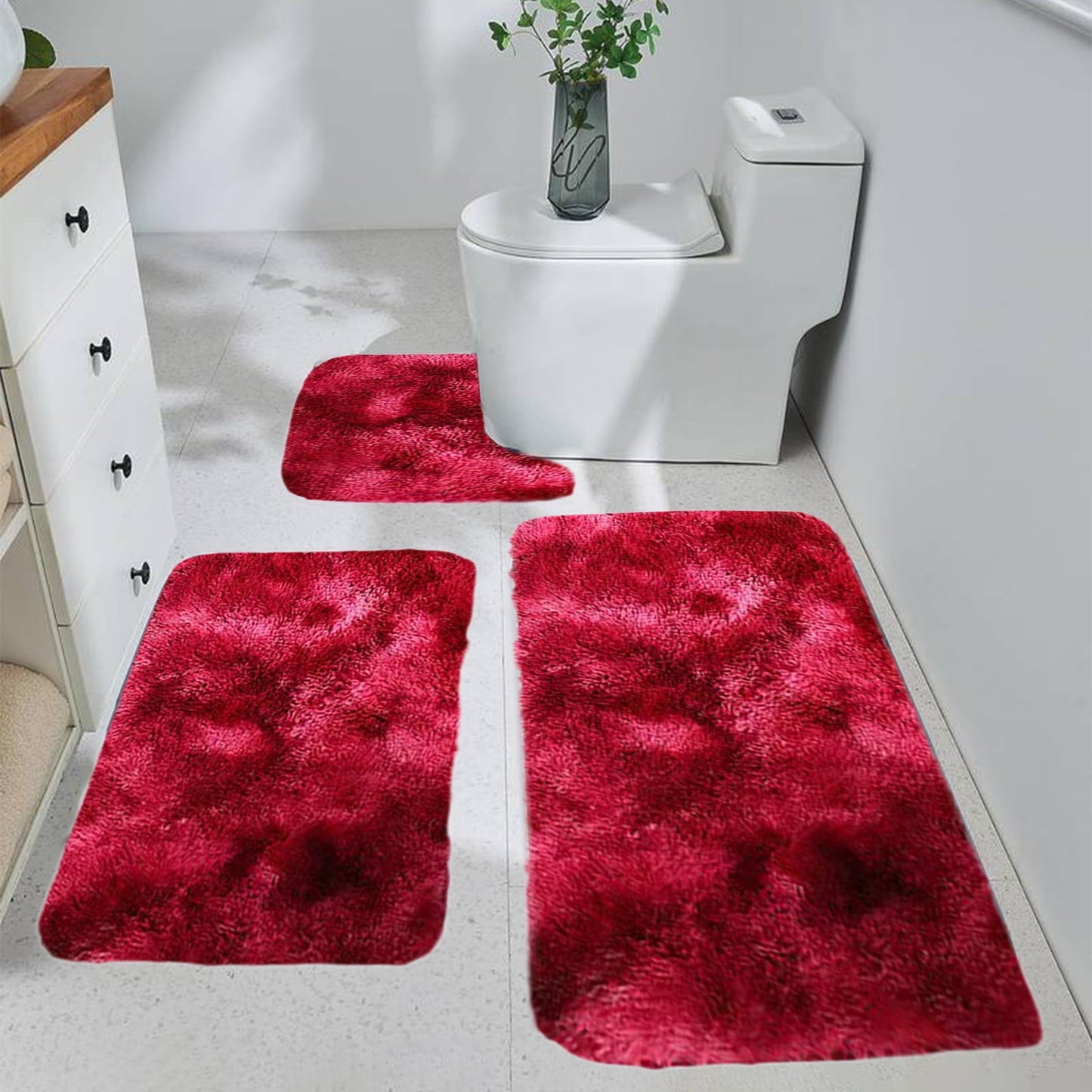 Tyidzon 5Pc Bath Mats for Bathroom, Quick-Dry Bathroom Rugs Sets Washable Non-Slip Bath Mat Ultra Soft Absorbent with U-Shaped Toilet for Bathroom, Tub, Shower, Gray 01-Red