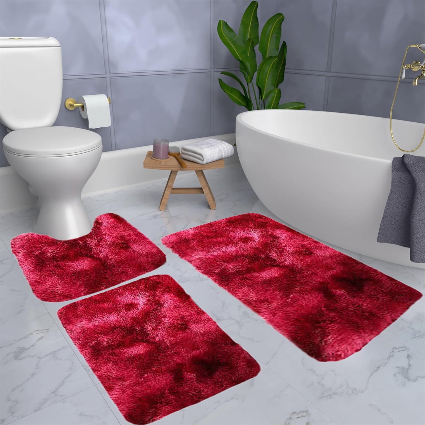 Tyidzon 5Pc Bath Mats for Bathroom, Quick-Dry Bathroom Rugs Sets Washable Non-Slip Bath Mat Ultra Soft Absorbent with U-Shaped Toilet for Bathroom, Tub, Shower, Gray 01-Red