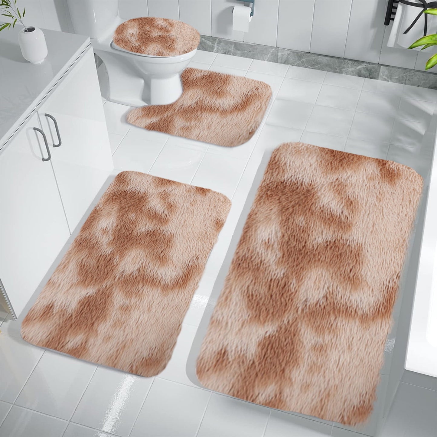 Tyidzon 5Pc Bath Mats for Bathroom, Quick-Dry Bathroom Rugs Sets Washable Non-Slip Bath Mat Ultra Soft Absorbent with U-Shaped Toilet for Bathroom, Tub, Shower, Gray 02-Khaki