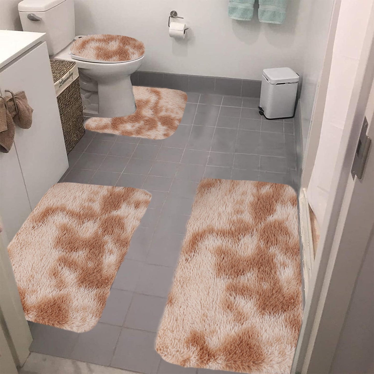 Tyidzon 5Pc Bath Mats for Bathroom, Quick-Dry Bathroom Rugs Sets Washable Non-Slip Bath Mat Ultra Soft Absorbent with U-Shaped Toilet for Bathroom, Tub, Shower, Gray 02-Khaki