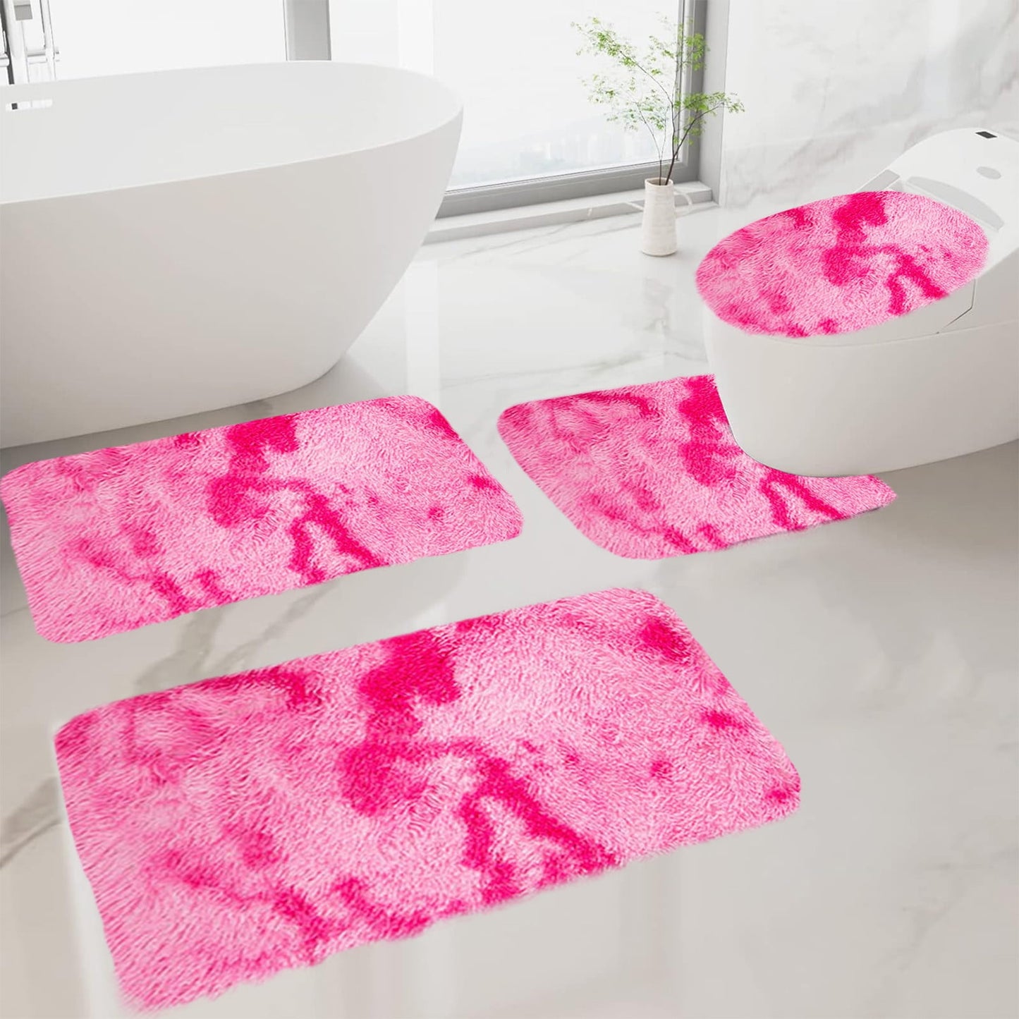 Tyidzon 5Pc Bath Mats for Bathroom, Quick-Dry Bathroom Rugs Sets Washable Non-Slip Bath Mat Ultra Soft Absorbent with U-Shaped Toilet for Bathroom, Tub, Shower, Gray 02-Pink