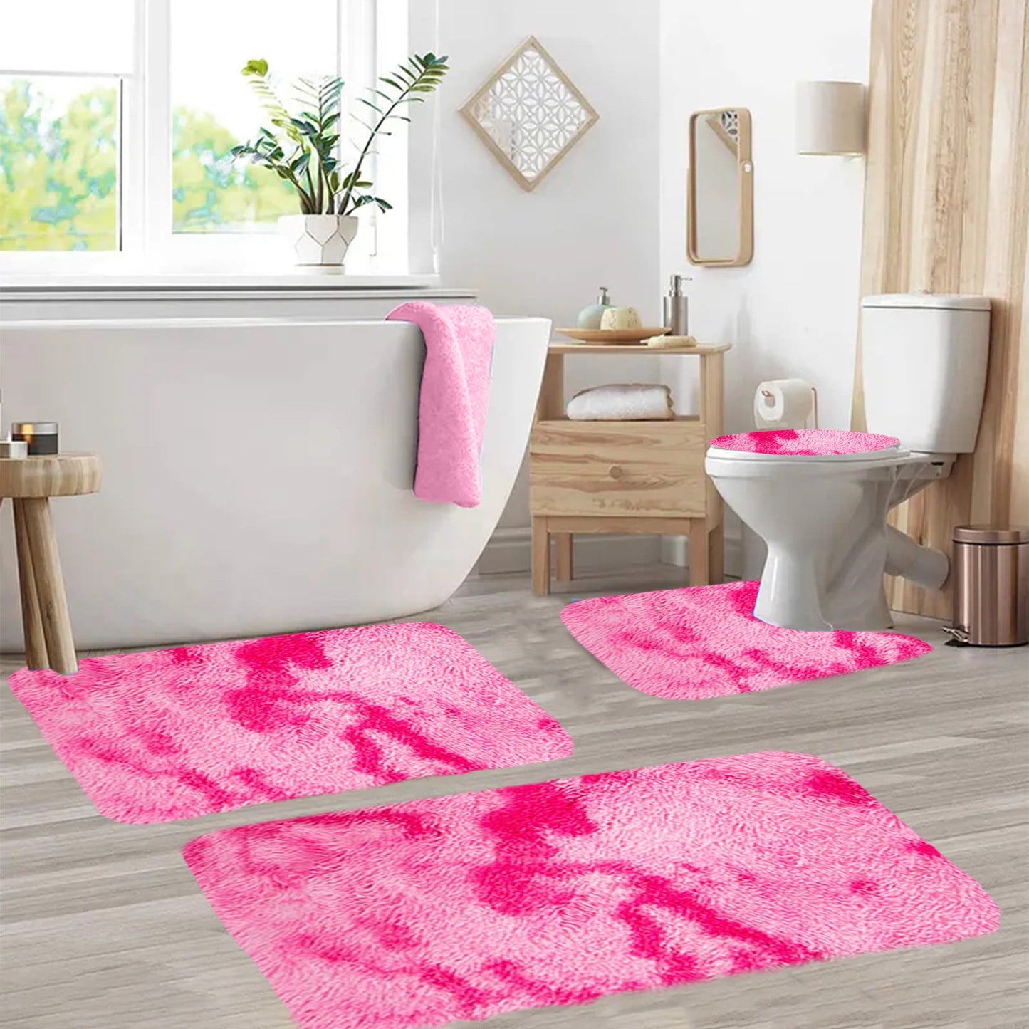 Tyidzon 5Pc Bath Mats for Bathroom, Quick-Dry Bathroom Rugs Sets Washable Non-Slip Bath Mat Ultra Soft Absorbent with U-Shaped Toilet for Bathroom, Tub, Shower, Gray 02-Pink