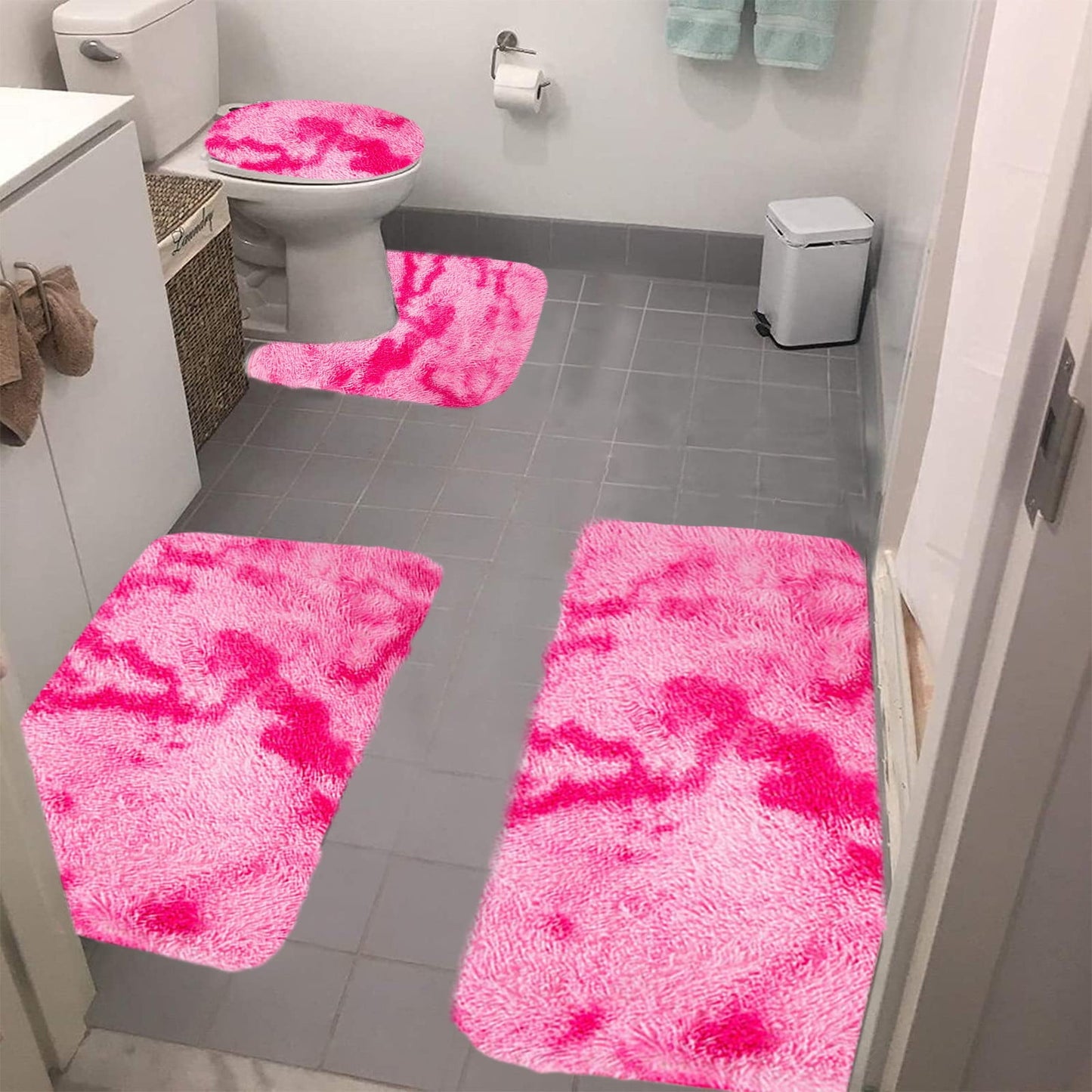 Tyidzon 5Pc Bath Mats for Bathroom, Quick-Dry Bathroom Rugs Sets Washable Non-Slip Bath Mat Ultra Soft Absorbent with U-Shaped Toilet for Bathroom, Tub, Shower, Gray 02-Pink