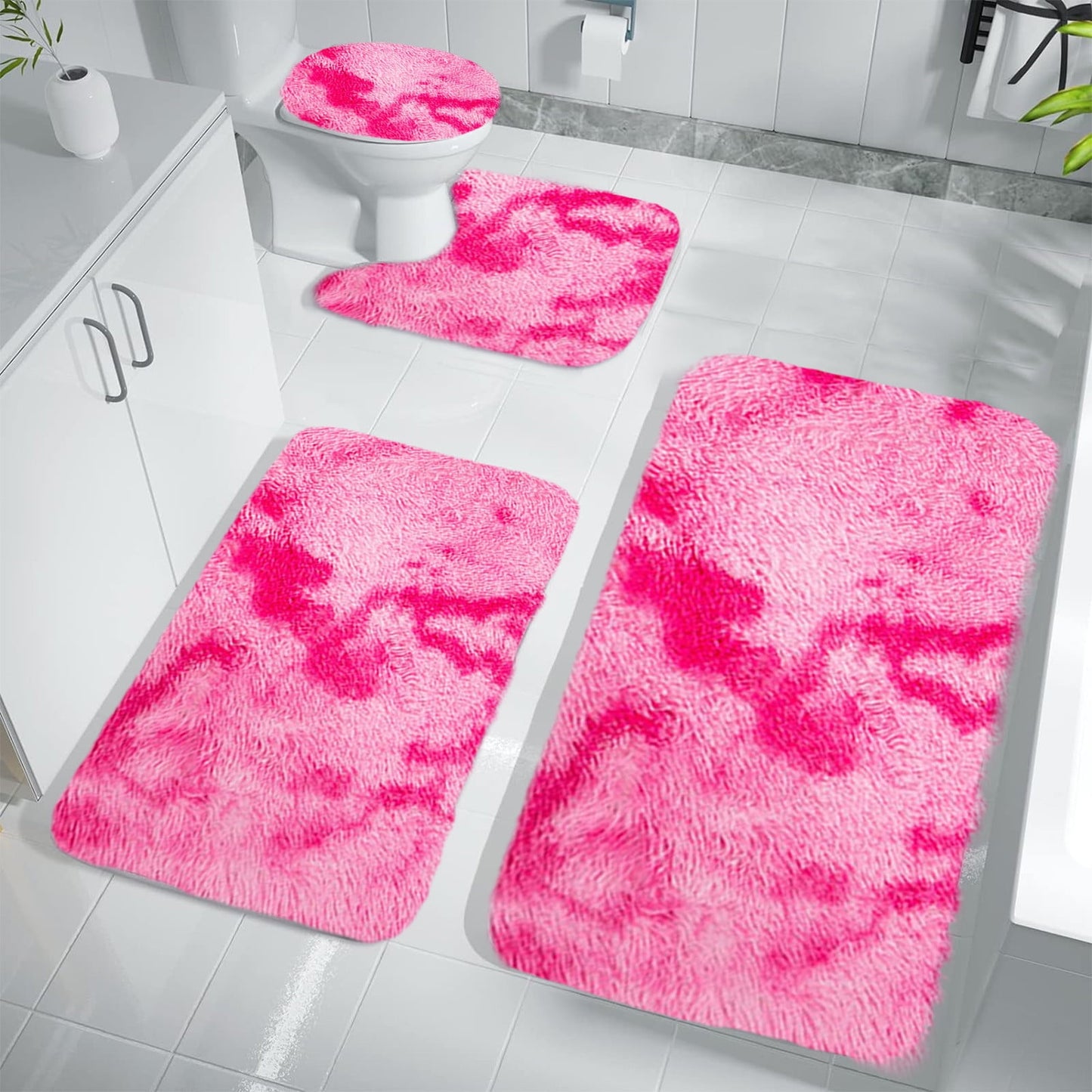 Tyidzon 5Pc Bath Mats for Bathroom, Quick-Dry Bathroom Rugs Sets Washable Non-Slip Bath Mat Ultra Soft Absorbent with U-Shaped Toilet for Bathroom, Tub, Shower, Gray 02-Pink
