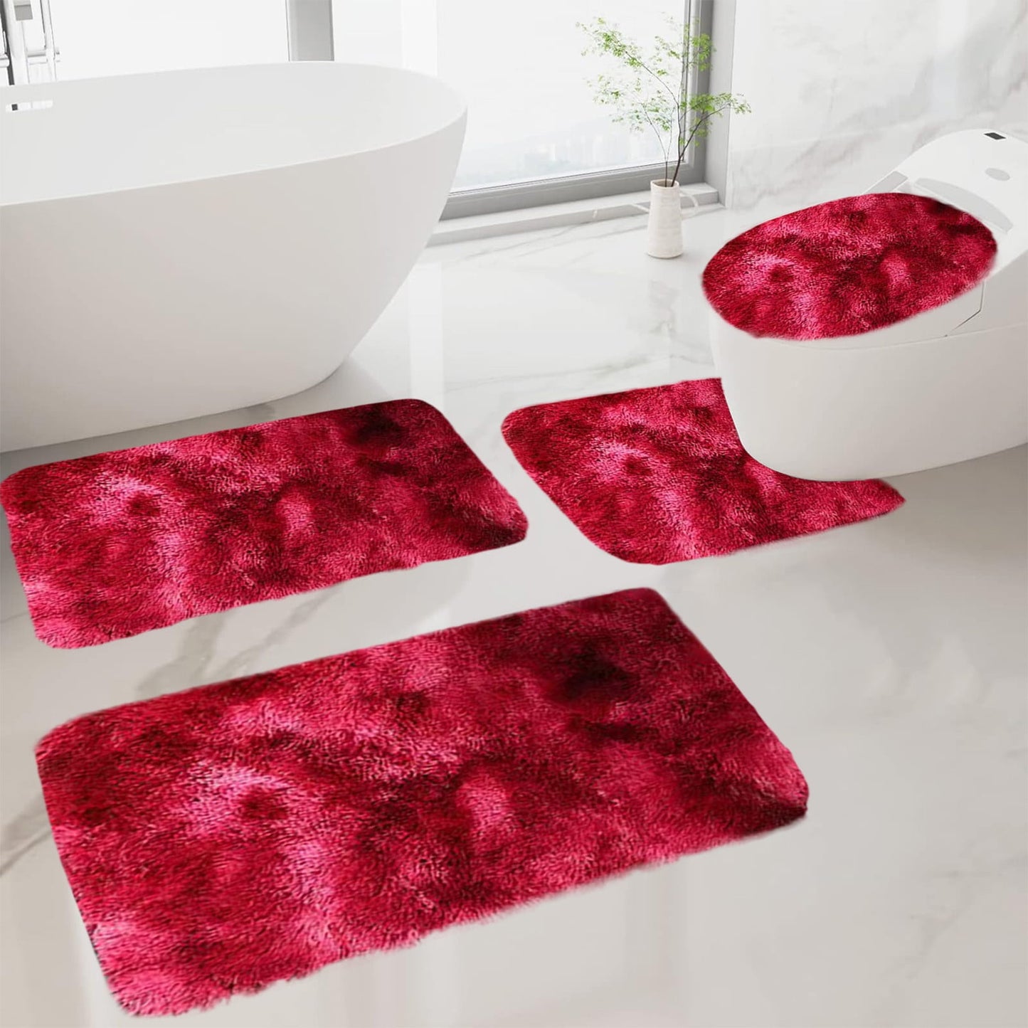 Tyidzon 5Pc Bath Mats for Bathroom, Quick-Dry Bathroom Rugs Sets Washable Non-Slip Bath Mat Ultra Soft Absorbent with U-Shaped Toilet for Bathroom, Tub, Shower, Gray 02-Red