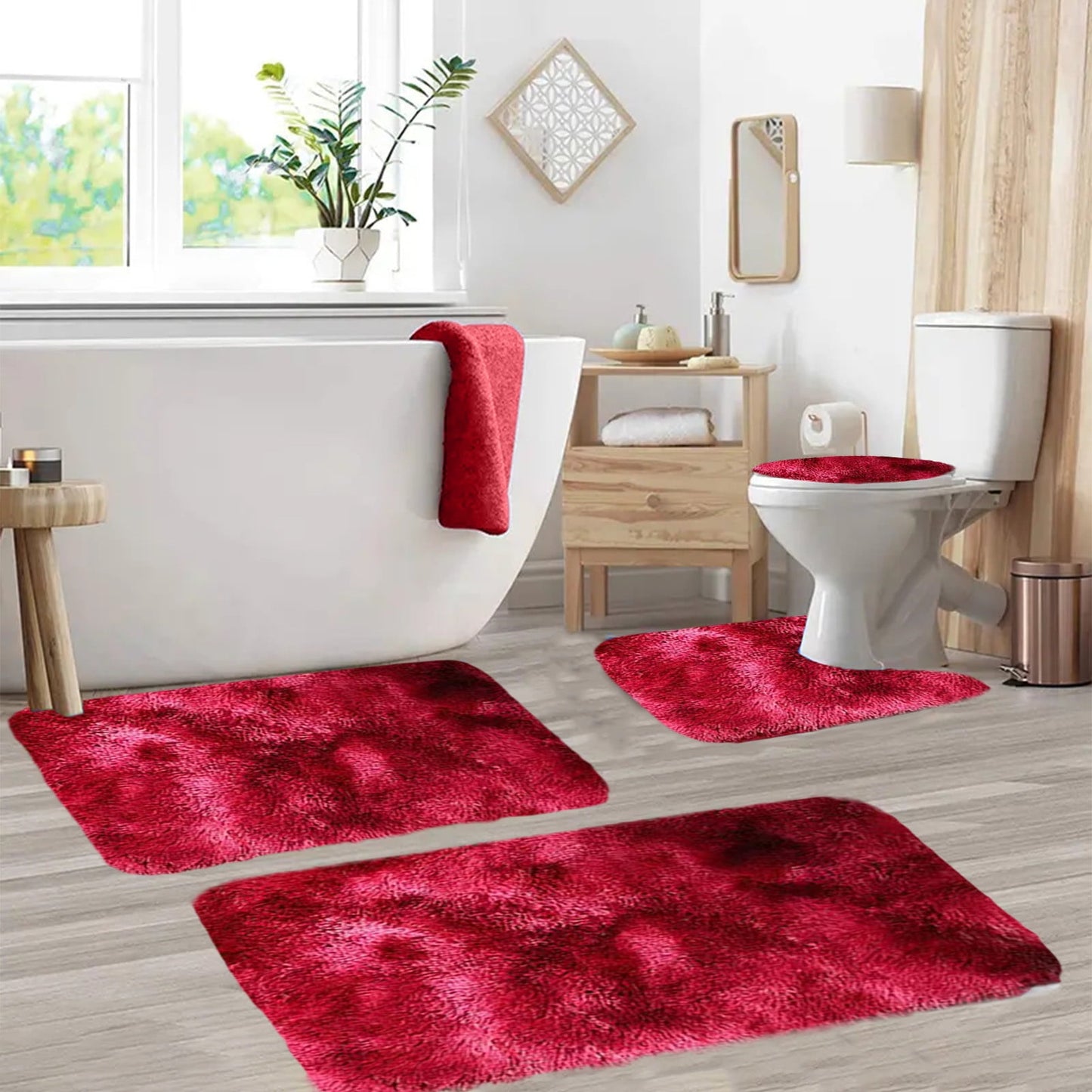 Tyidzon 5Pc Bath Mats for Bathroom, Quick-Dry Bathroom Rugs Sets Washable Non-Slip Bath Mat Ultra Soft Absorbent with U-Shaped Toilet for Bathroom, Tub, Shower, Gray 02-Red