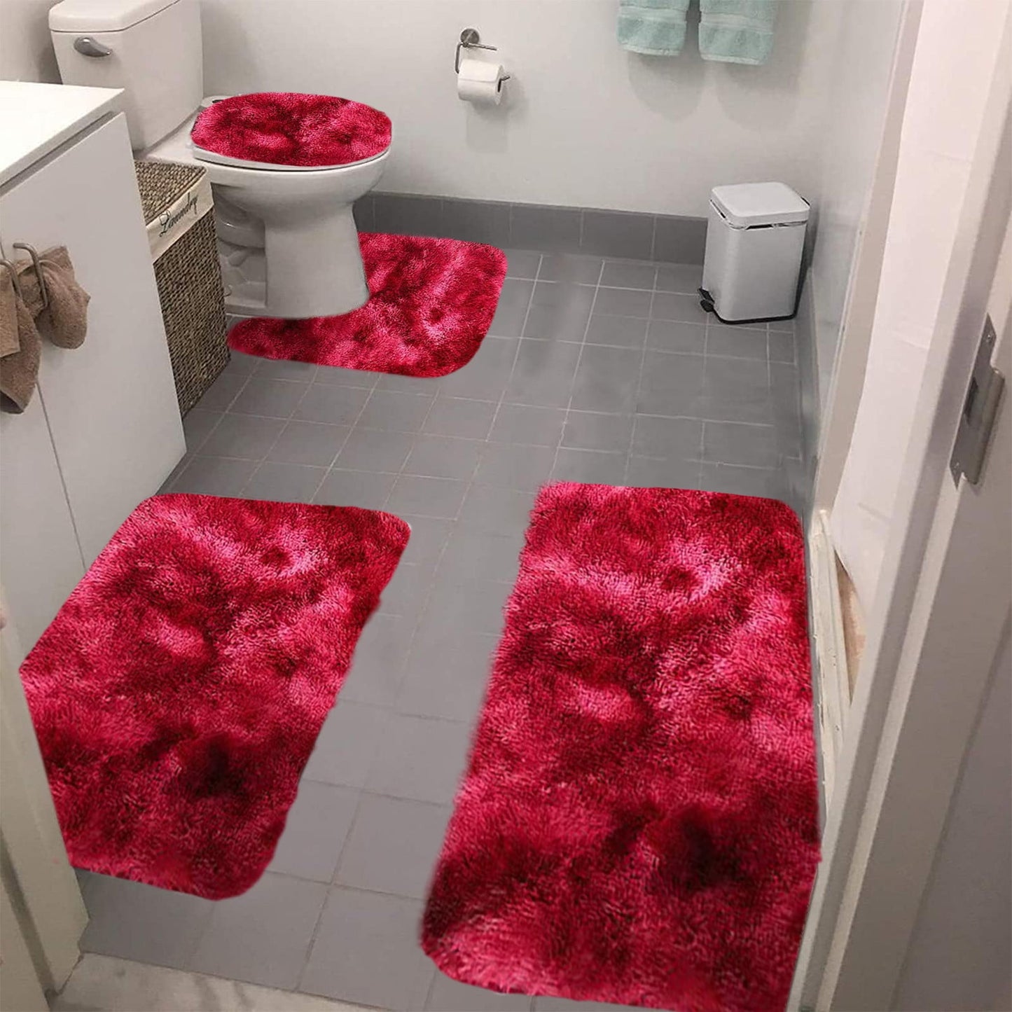 Tyidzon 5Pc Bath Mats for Bathroom, Quick-Dry Bathroom Rugs Sets Washable Non-Slip Bath Mat Ultra Soft Absorbent with U-Shaped Toilet for Bathroom, Tub, Shower, Gray 02-Red