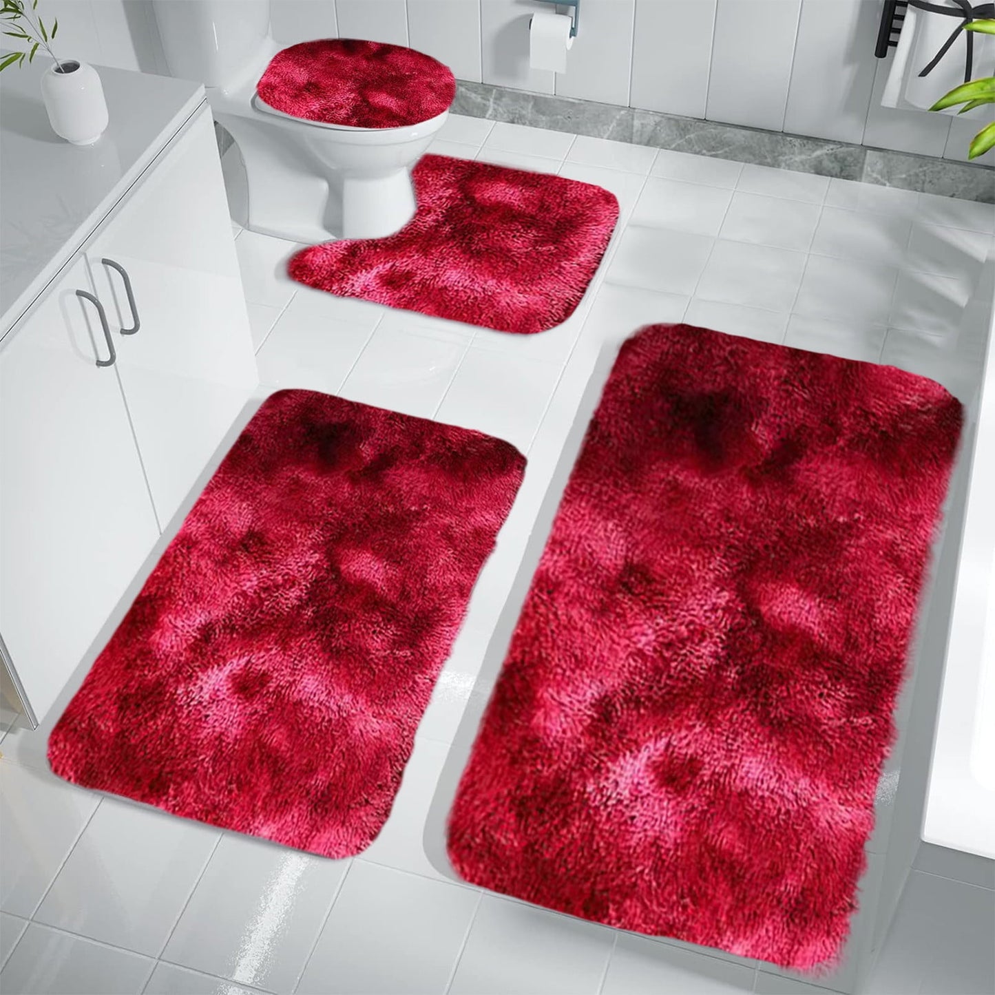 Tyidzon 5Pc Bath Mats for Bathroom, Quick-Dry Bathroom Rugs Sets Washable Non-Slip Bath Mat Ultra Soft Absorbent with U-Shaped Toilet for Bathroom, Tub, Shower, Gray 02-Red