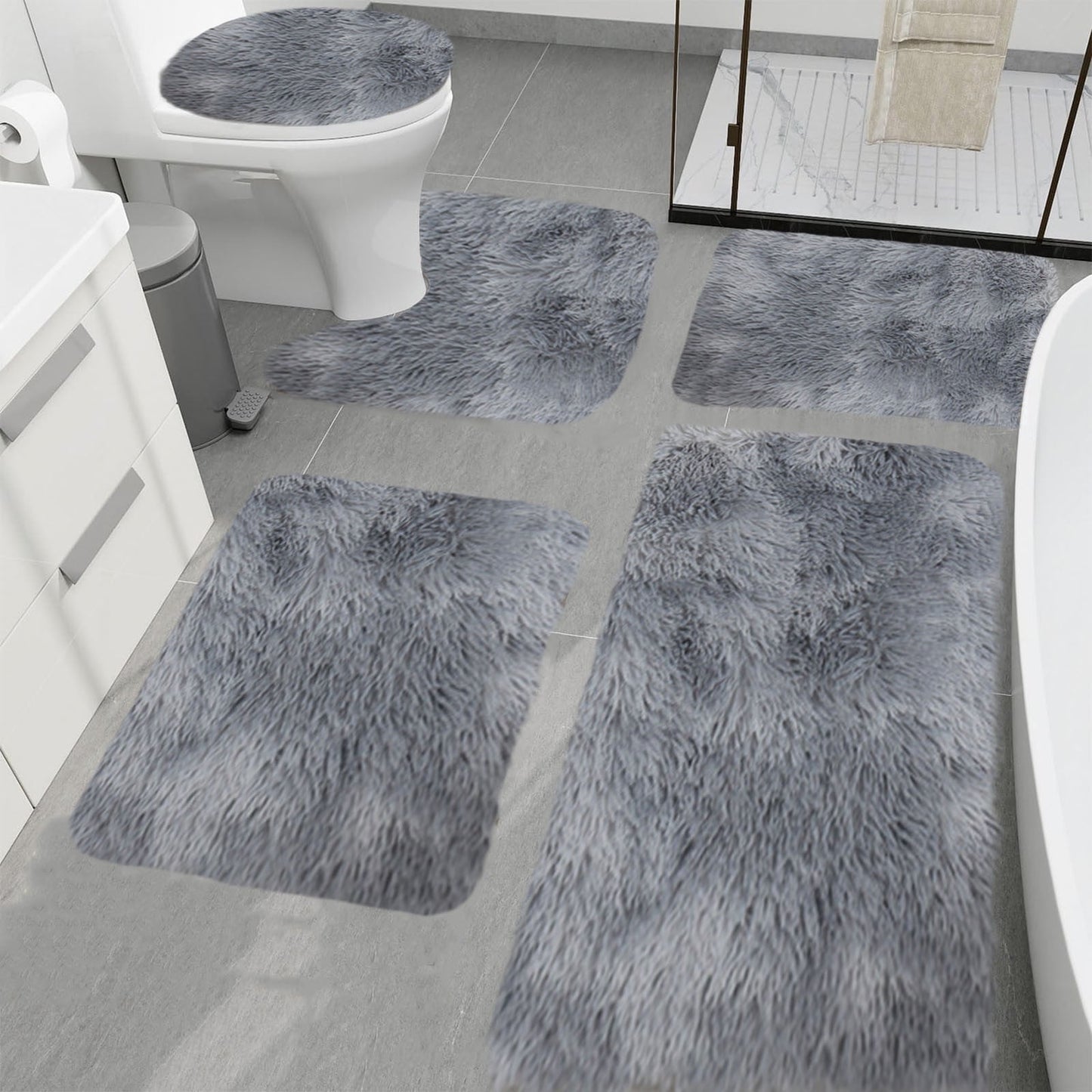 Tyidzon 5Pc Bath Mats for Bathroom, Quick-Dry Bathroom Rugs Sets Washable Non-Slip Bath Mat Ultra Soft Absorbent with U-Shaped Toilet for Bathroom, Tub, Shower, Gray 03-Gray