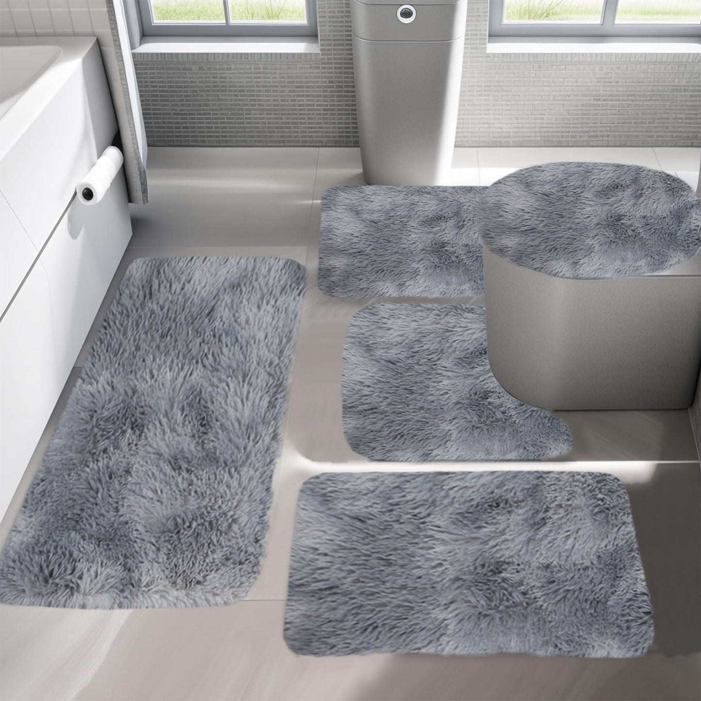 Tyidzon 5Pc Bath Mats for Bathroom, Quick-Dry Bathroom Rugs Sets Washable Non-Slip Bath Mat Ultra Soft Absorbent with U-Shaped Toilet for Bathroom, Tub, Shower, Gray 03-Gray