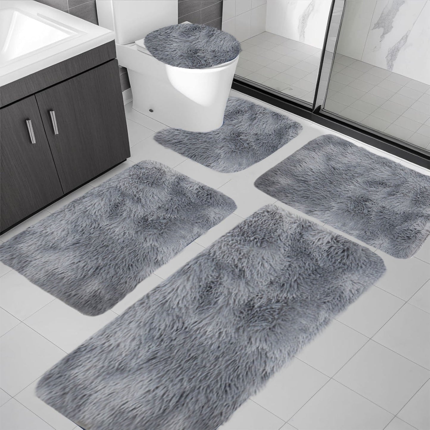 Tyidzon 5Pc Bath Mats for Bathroom, Quick-Dry Bathroom Rugs Sets Washable Non-Slip Bath Mat Ultra Soft Absorbent with U-Shaped Toilet for Bathroom, Tub, Shower, Gray 03-Gray