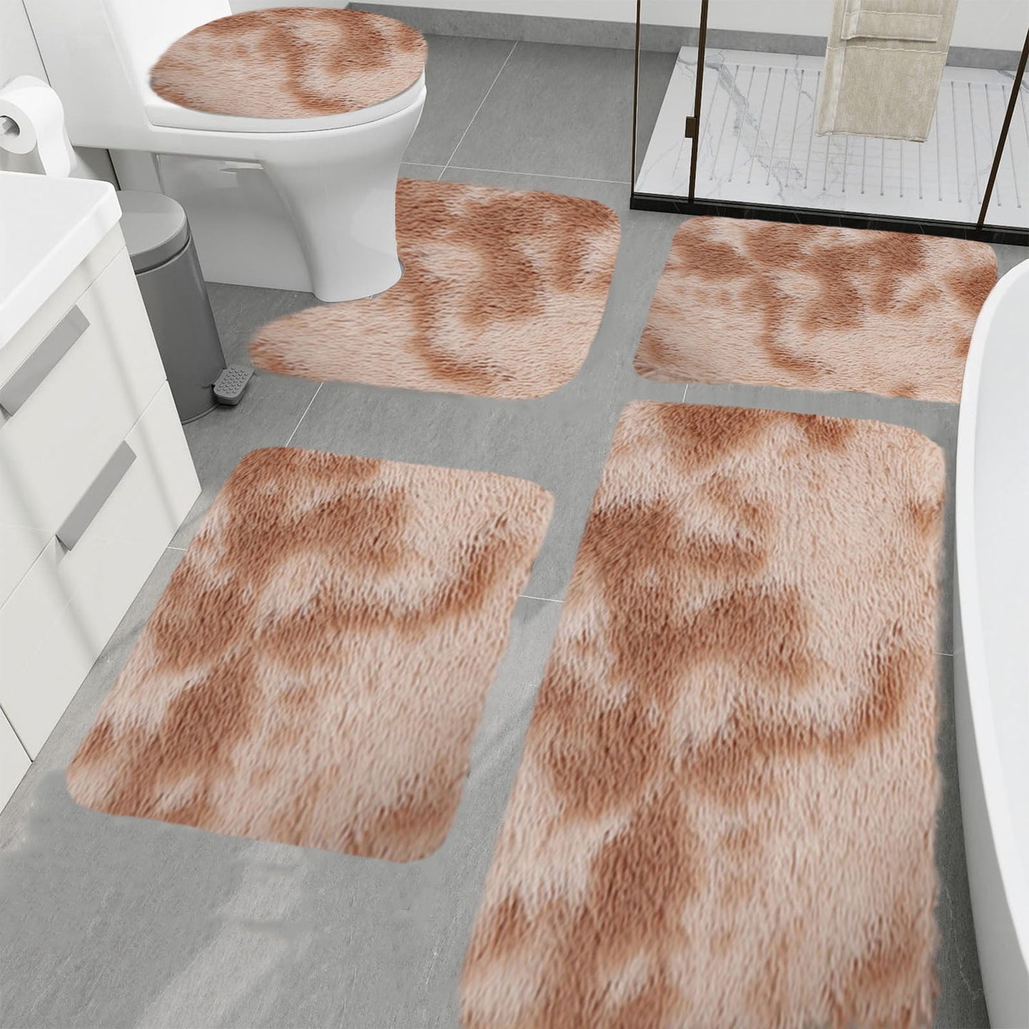 Tyidzon 5Pc Bath Mats for Bathroom, Quick-Dry Bathroom Rugs Sets Washable Non-Slip Bath Mat Ultra Soft Absorbent with U-Shaped Toilet for Bathroom, Tub, Shower, Gray 03-Khaki