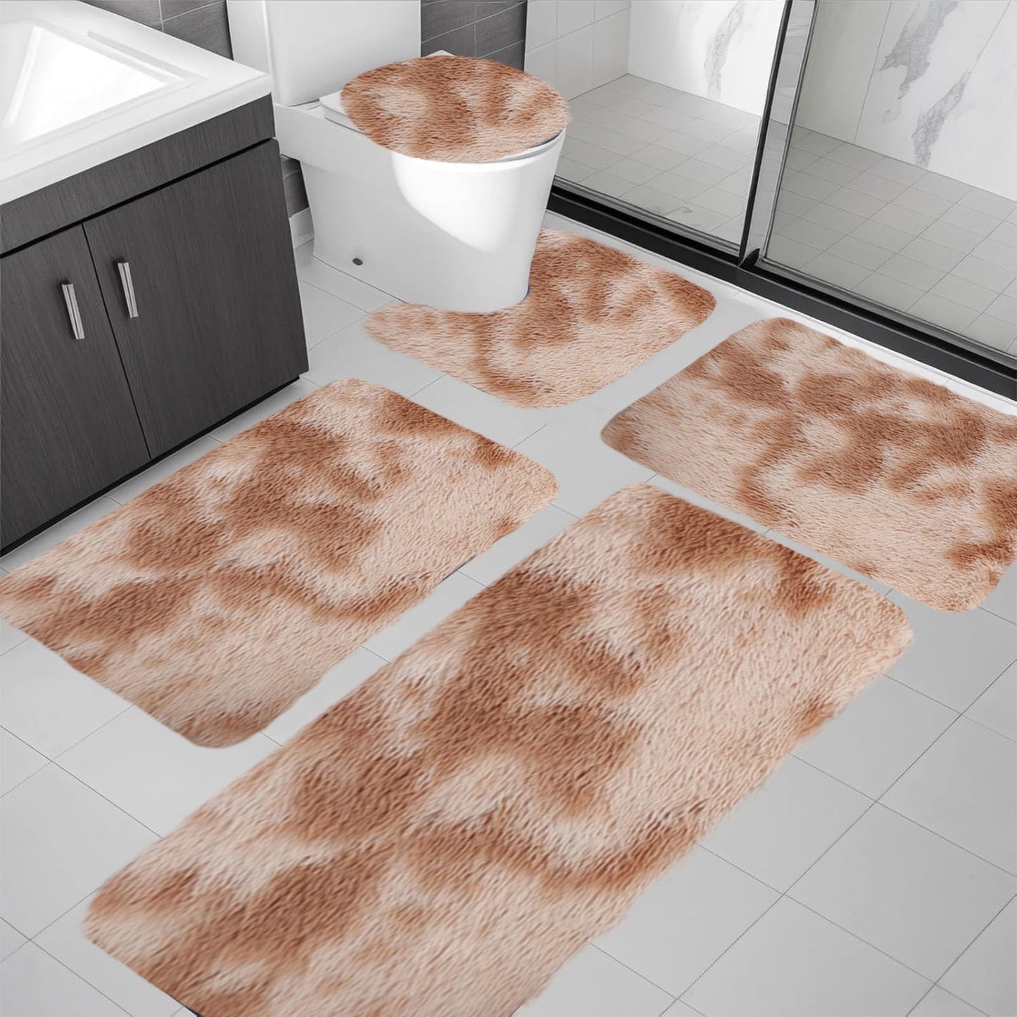 Tyidzon 5Pc Bath Mats for Bathroom, Quick-Dry Bathroom Rugs Sets Washable Non-Slip Bath Mat Ultra Soft Absorbent with U-Shaped Toilet for Bathroom, Tub, Shower, Gray 03-Khaki