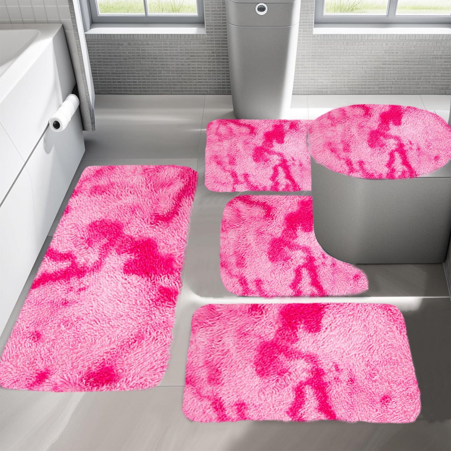 Tyidzon 5Pc Bath Mats for Bathroom, Quick-Dry Bathroom Rugs Sets Washable Non-Slip Bath Mat Ultra Soft Absorbent with U-Shaped Toilet for Bathroom, Tub, Shower, Gray 03-Pink