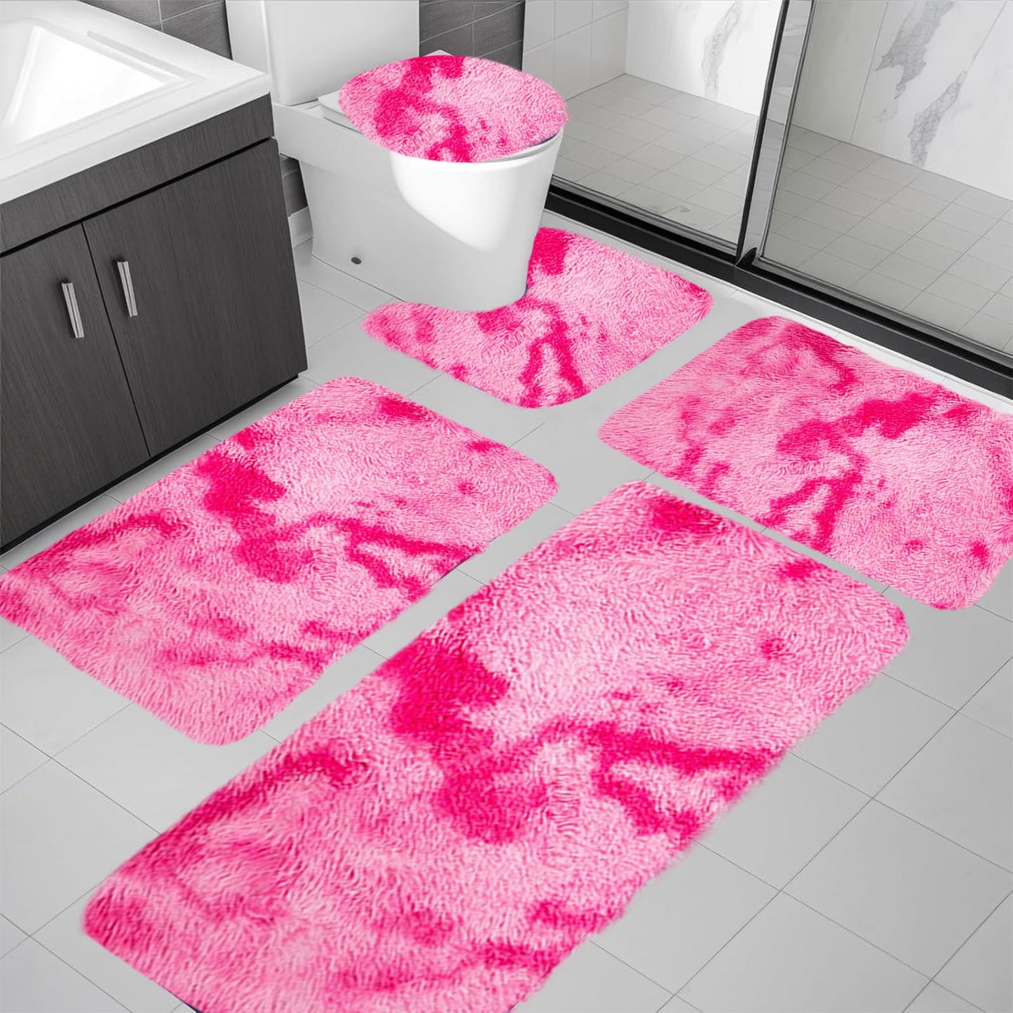 Tyidzon 5Pc Bath Mats for Bathroom, Quick-Dry Bathroom Rugs Sets Washable Non-Slip Bath Mat Ultra Soft Absorbent with U-Shaped Toilet for Bathroom, Tub, Shower, Gray 03-Pink