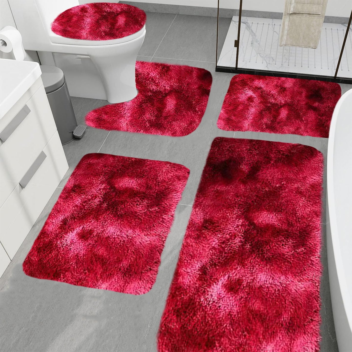 Tyidzon 5Pc Bath Mats for Bathroom, Quick-Dry Bathroom Rugs Sets Washable Non-Slip Bath Mat Ultra Soft Absorbent with U-Shaped Toilet for Bathroom, Tub, Shower, Gray 03-Red